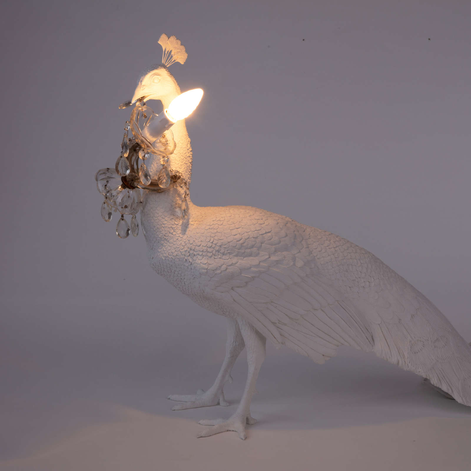 Lampe déco LED Peacock Lamp blanche, cristal verre