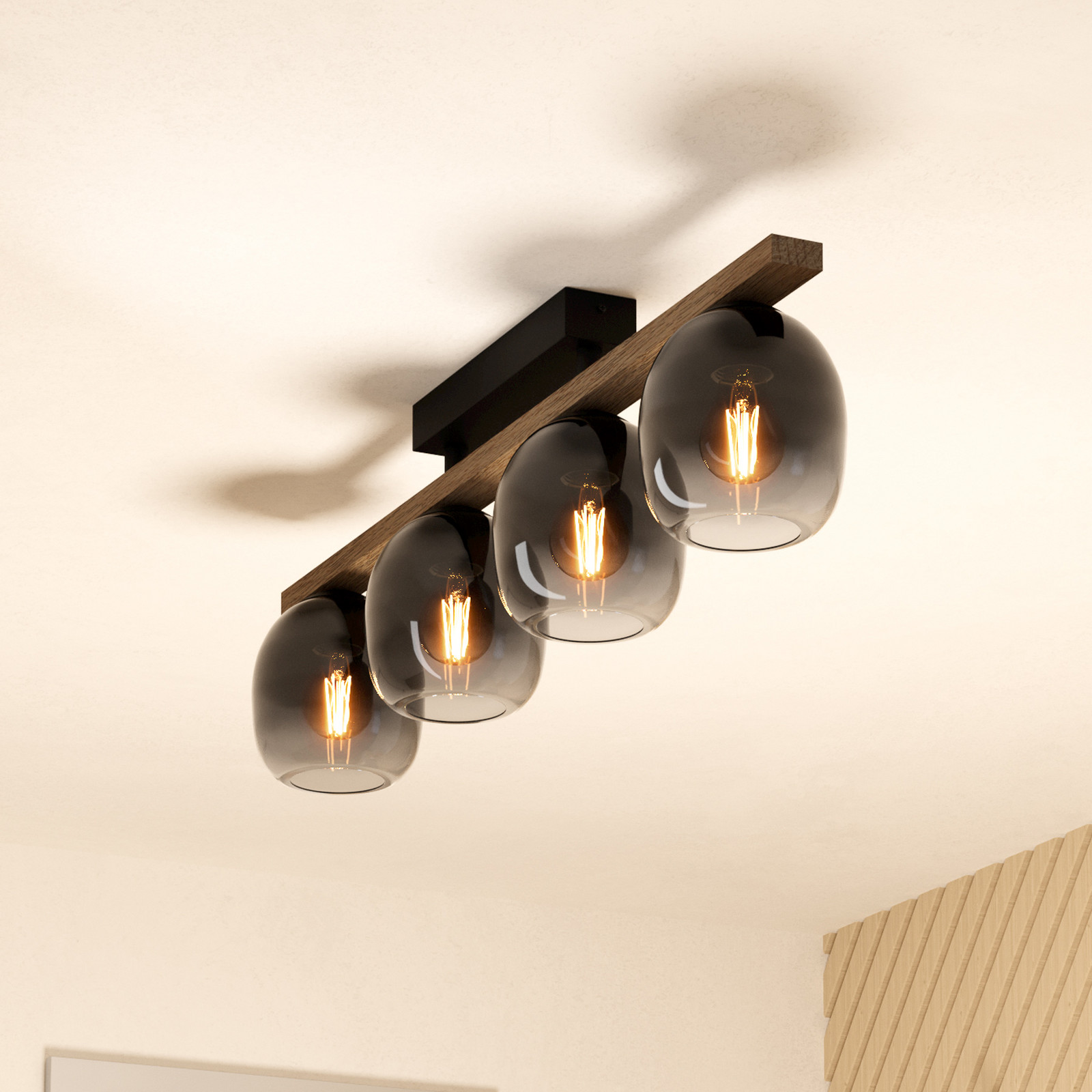 EGLO Plafonieră Filago patru abajururi din sticlă fumurie - Camera de zi / sufragerie - Modern - gri fumuriu-transparent lemn închis negru