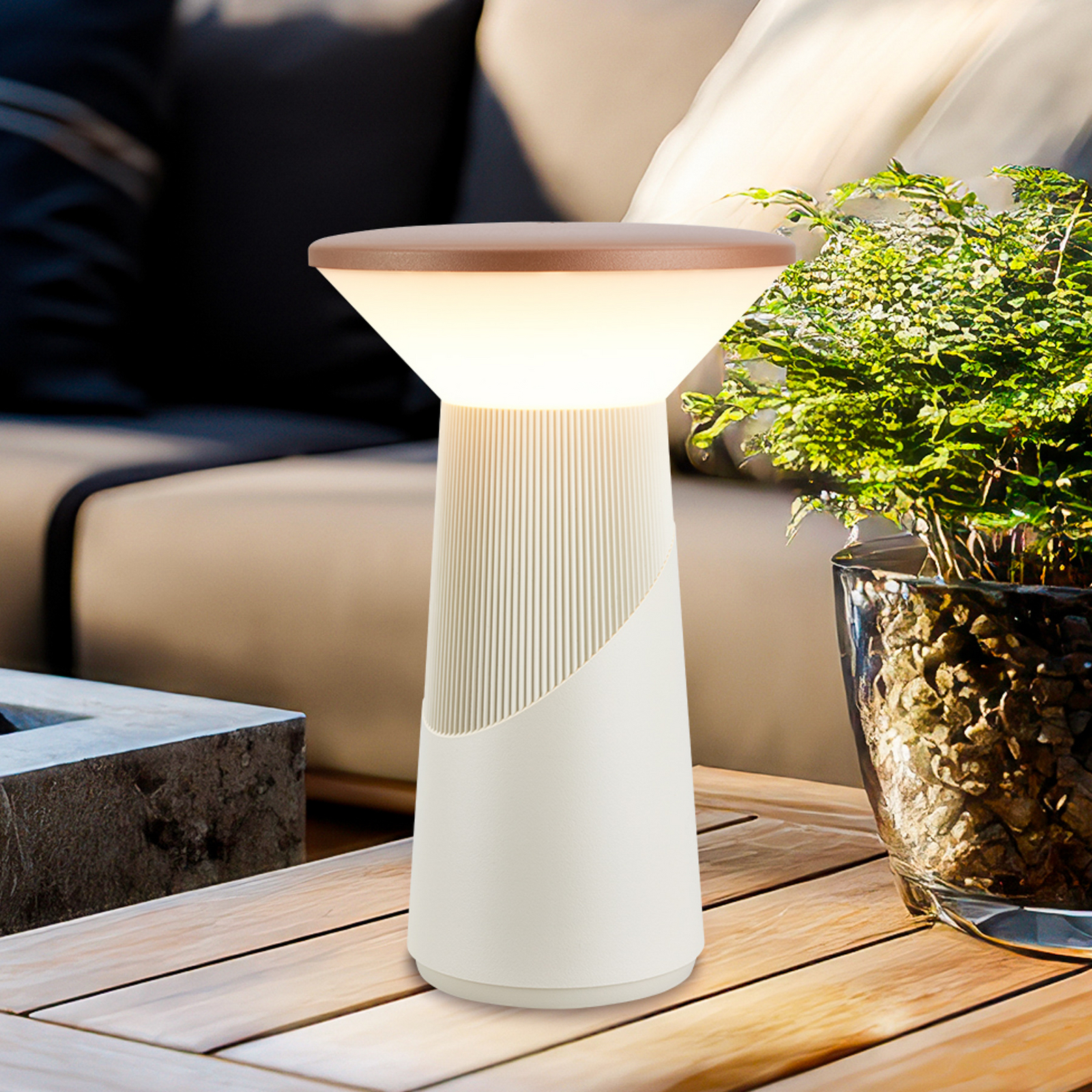 LED tafellamp Pilia, bruin/lichtgrijs, hoogte 24 cm, IP44 LED tafellamp Pilia, bruin/lichtgrijs, hoogte 24 cm, IP44