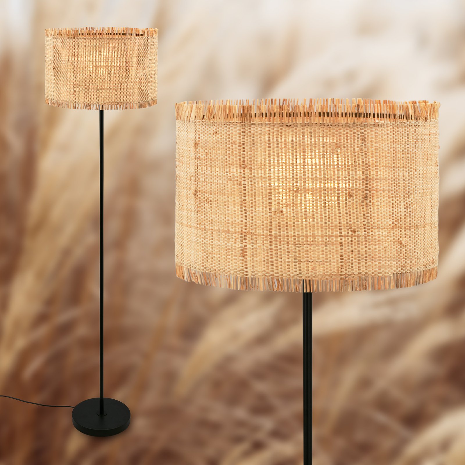 Lampe sur pied Borra, naturel, métal, paille, E27