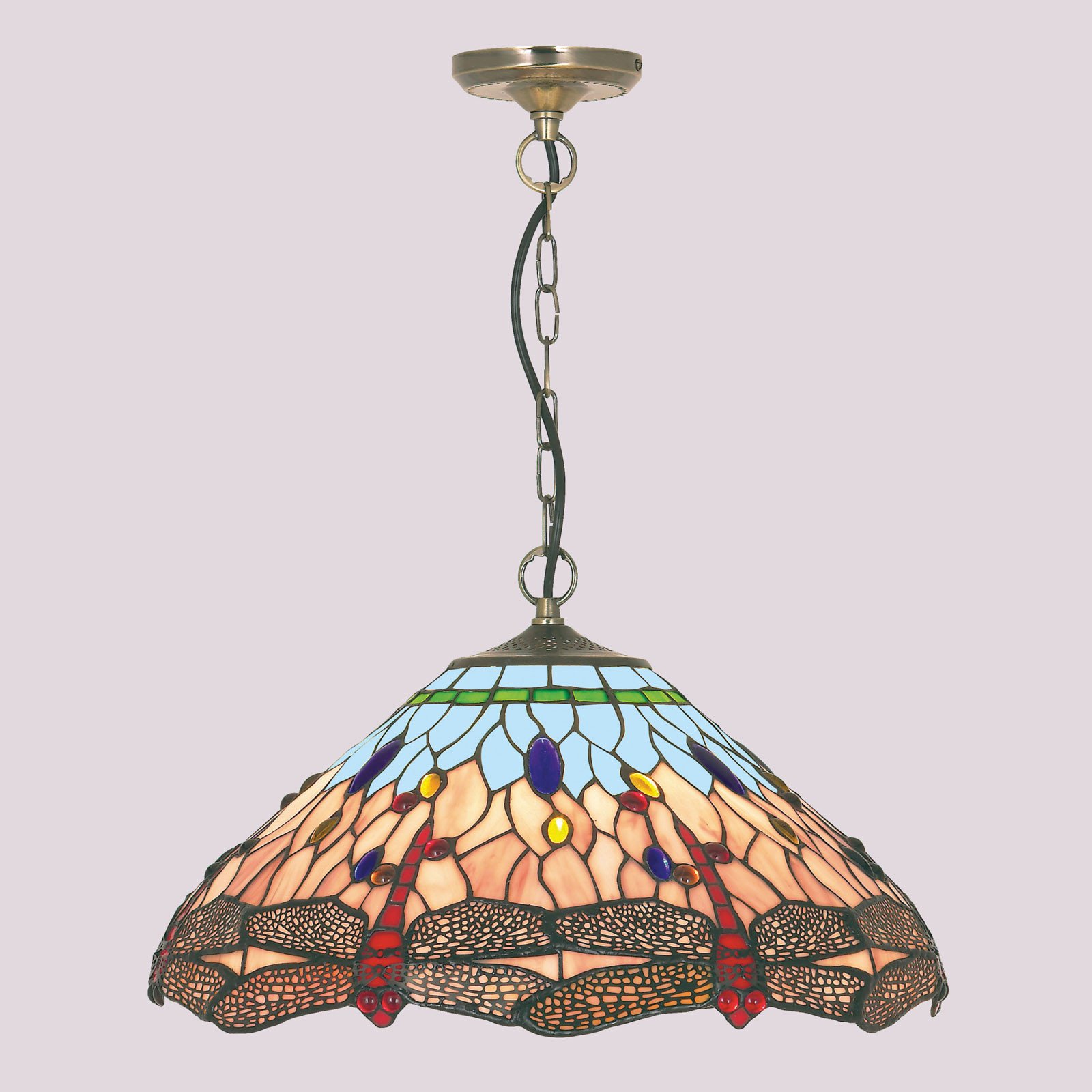 Searchlight Lampă suspendată Dragonfly stil Tiffany - Camera de zi / sufragerie - alamă antic albastru chihlimbar - Sticlă