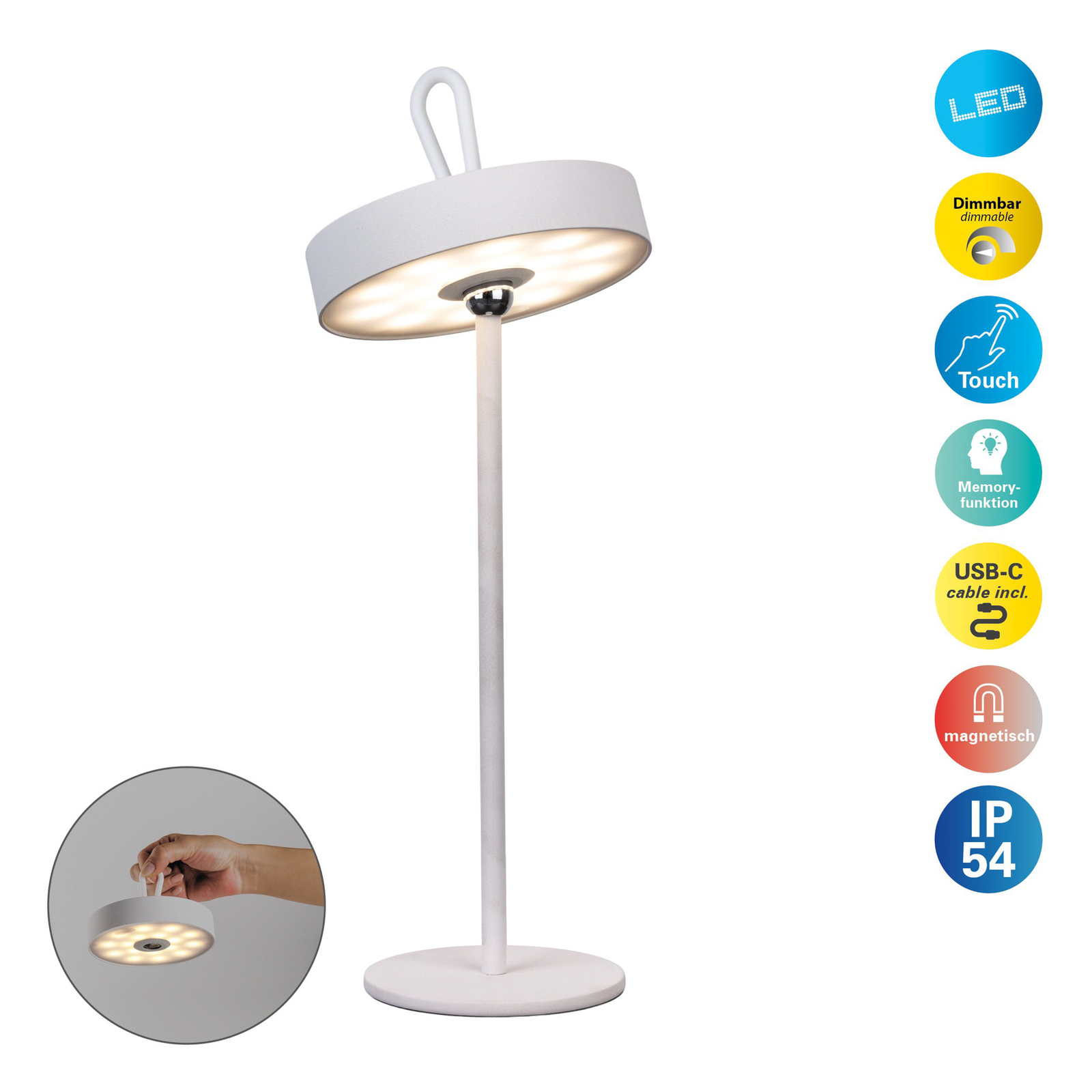 Ella LED battery table lamp, magnetic, white