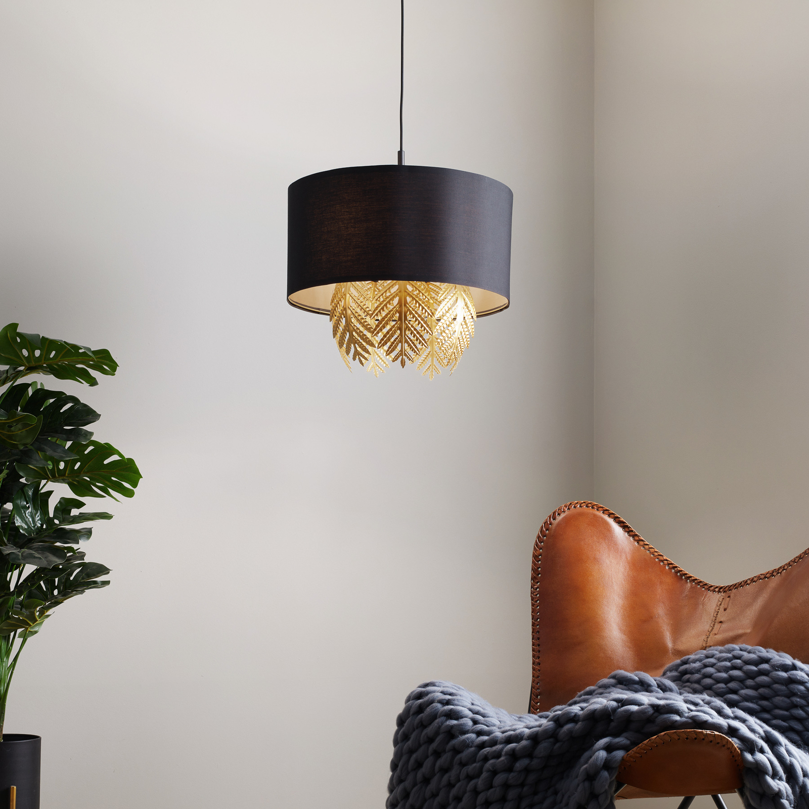 Lucande Malviras fabric hanging light, leaf decoration 1-bulb.