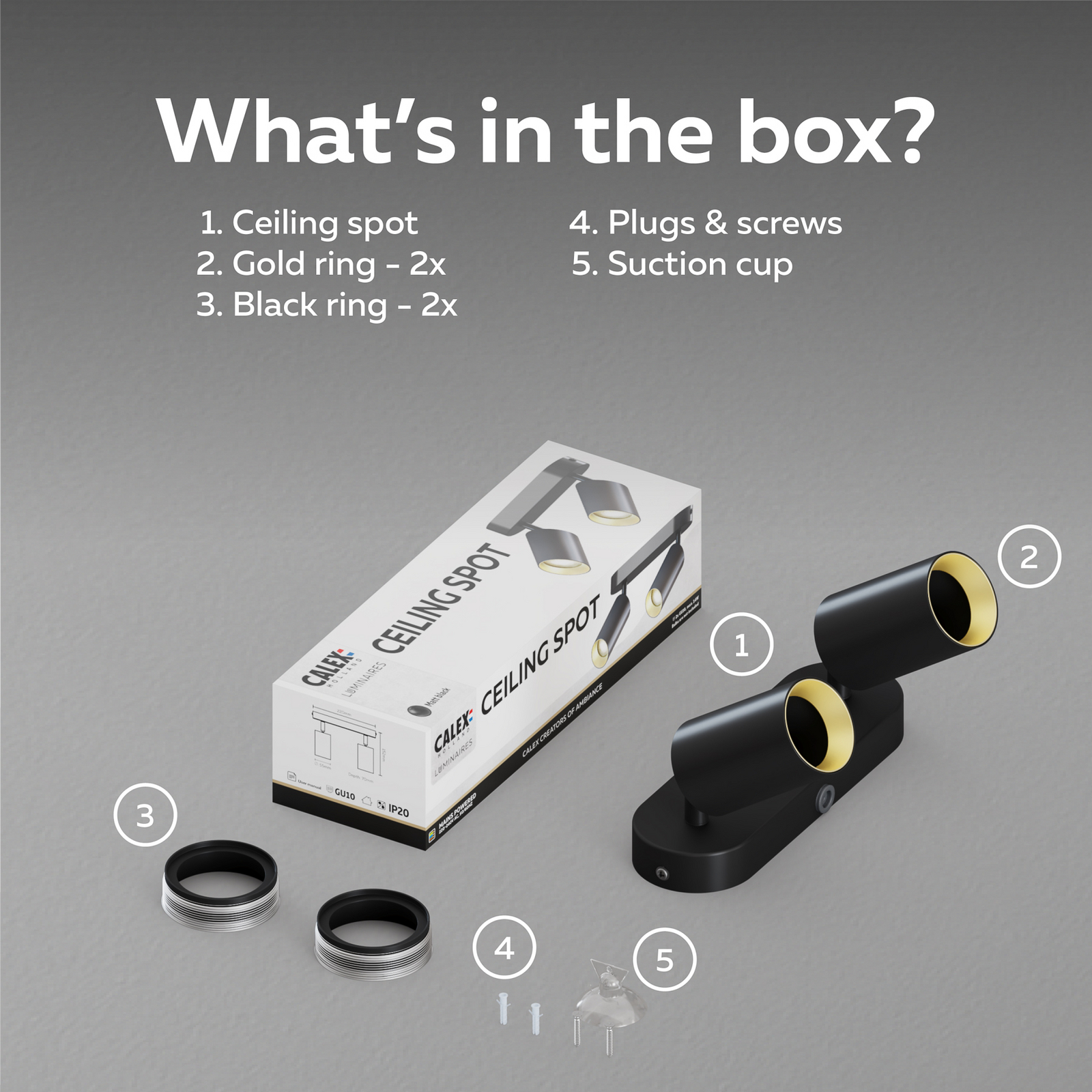 Calex GU10-Deckenspot, schwarz, Länge 21 cm, 2-flg., Metall