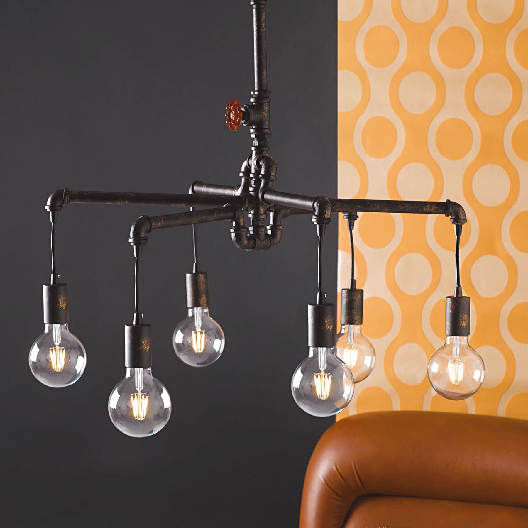 Eco-Light Amarcord hanging light, rusty brown, 6-bulb, for Living / Dining Room, metal, E27, 60 W, energy efficiency: A++
