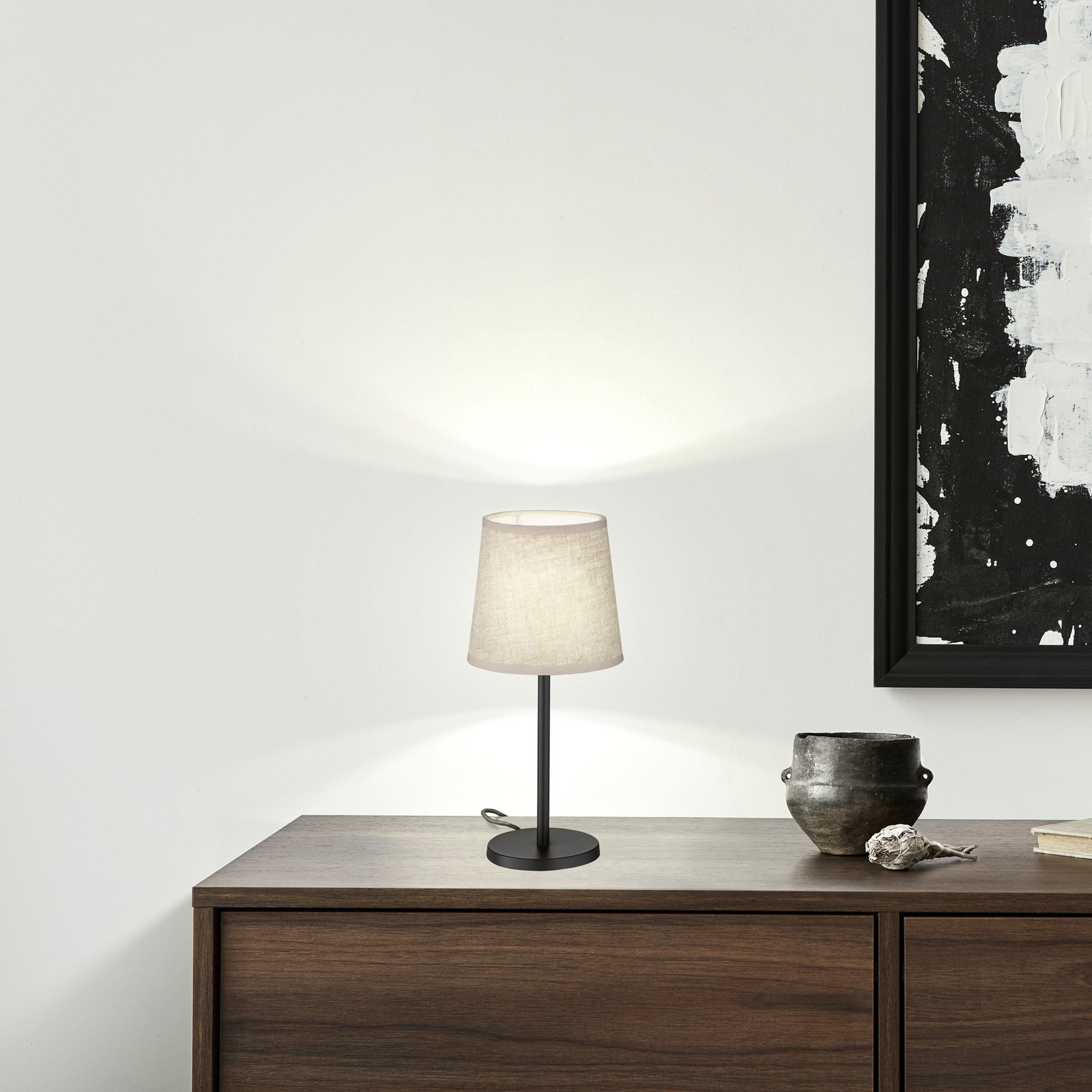 Pöytävalaisin Eve, pellavavarjostin, musta/hiekka