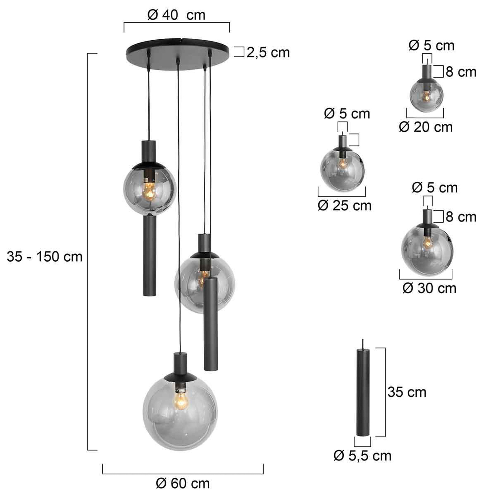 Bollique hengelampe, 5 lyskilder, rund, svart, GU10 + E27