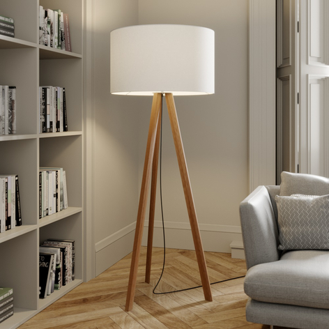 Drieb vloerlamp Makira met stof lampenkap, eik