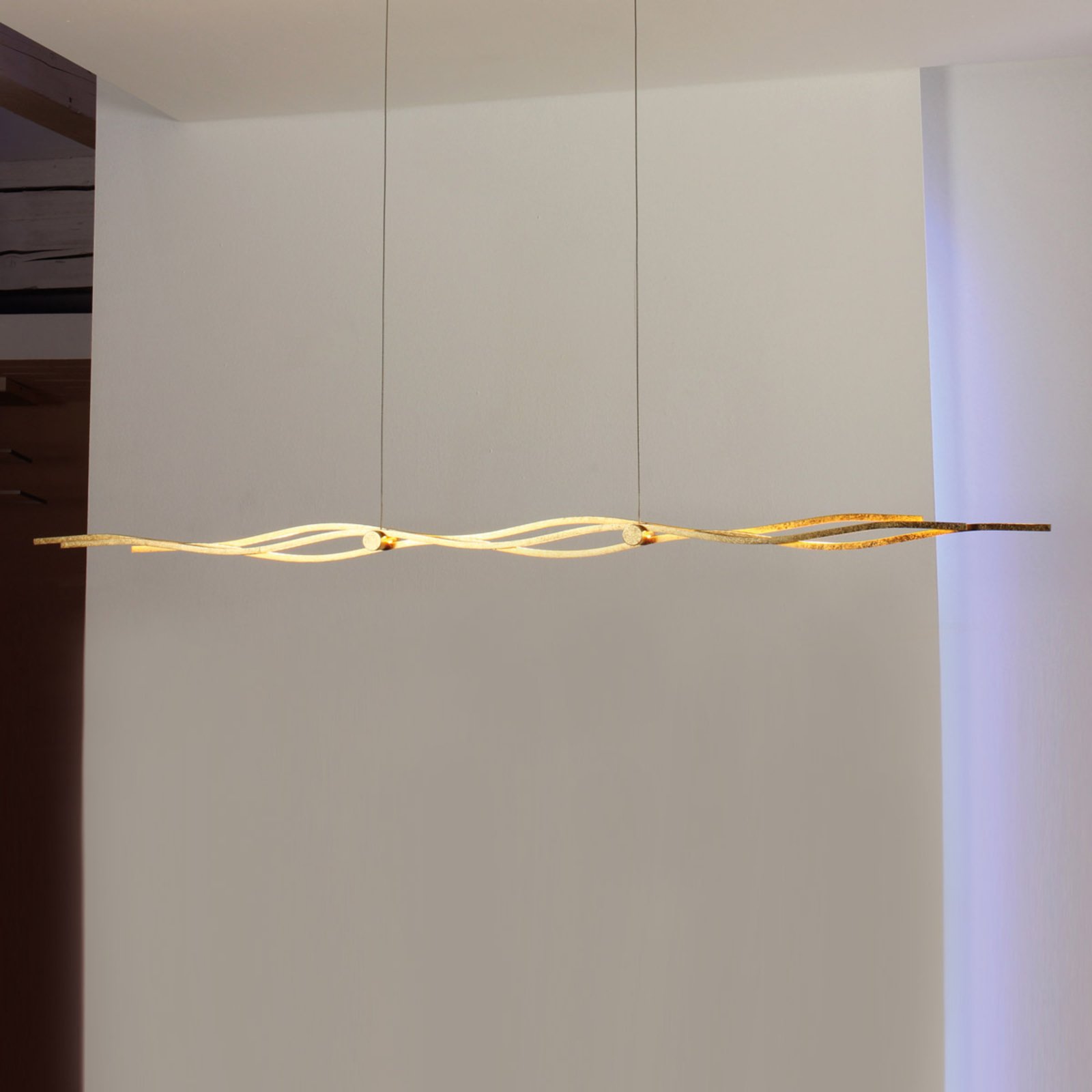 Escale Beautiful LED pendant light Silk, gold leaf 120 cm, for Living / Dining Room, gold-plated aluminium, 29 W, energy efficiency: A+, L: 120 cm