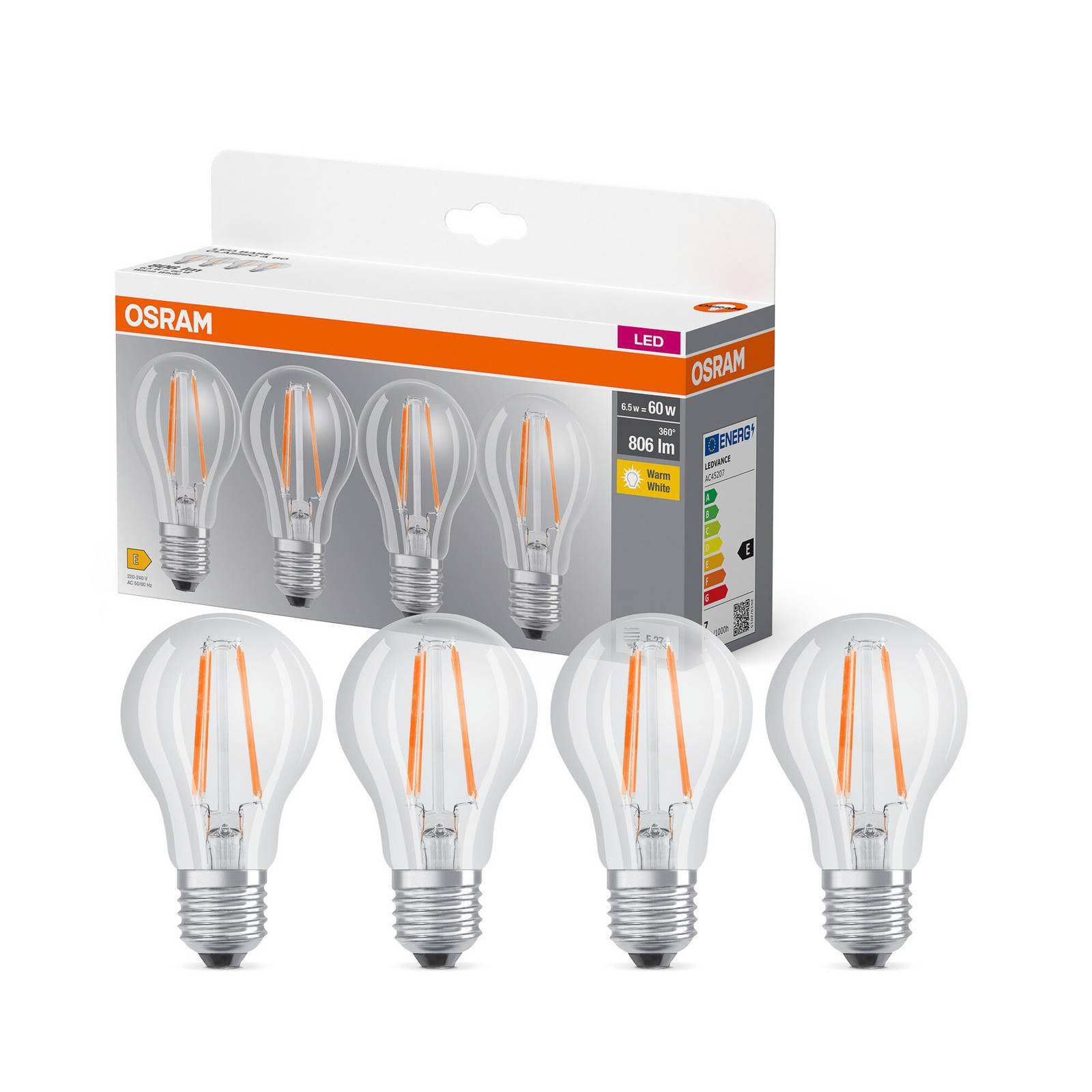 OSRAM LED-Leuchtmittel Birne Filament E27 7W 827 4er-Pack