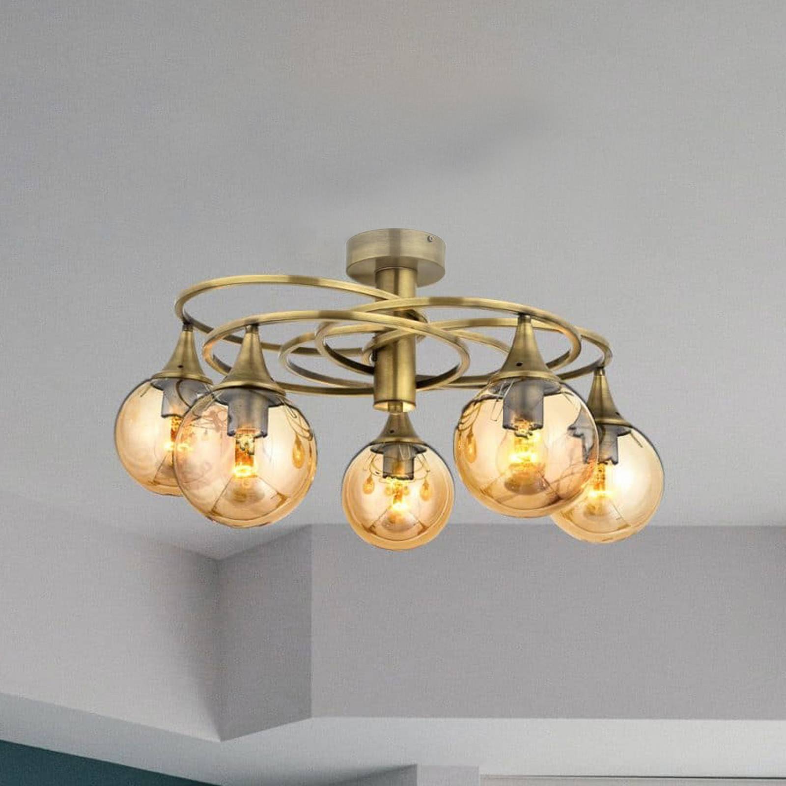 Deckenlampe Binah amber/antikgold 5-flg. Ø 60 cm Glas/Metall günstig online kaufen