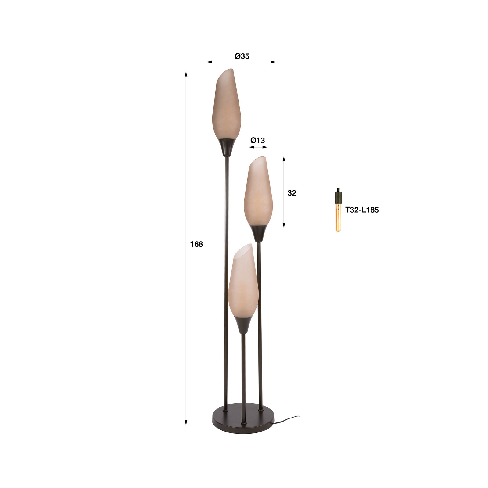 Stojací lampa Cocoon, sklo, hnědé matné, 3 žárovky, E27, 168 cm Stojací lampa Cocoon, sklo, hnědé matné, 3 žárovky, E27, 168 cm