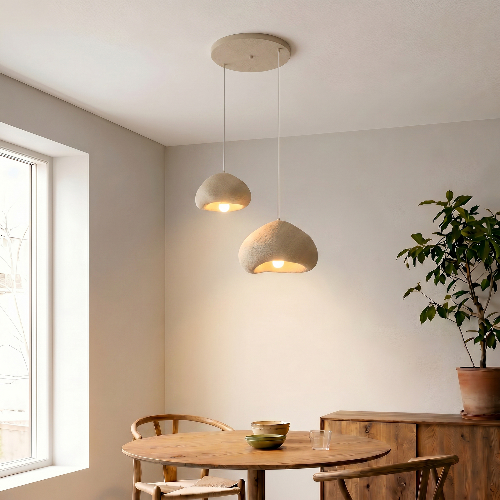 Lampada a sospensione Lora, beige, larghezza 70 cm, a 2 luci, in fibra di Lampada a sospensione Lora, beige, larghezza 70 cm, a 2 luci, in fibra di