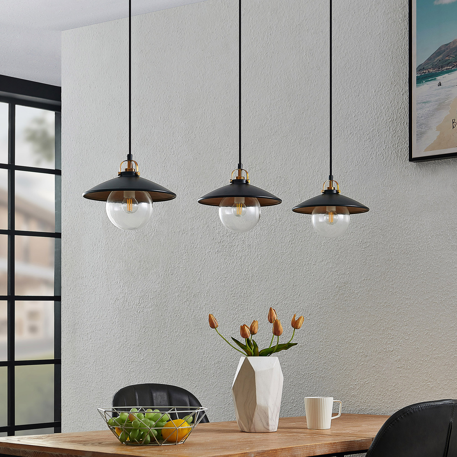 Lindby Marinella hanglamp, zwart 3-lamps