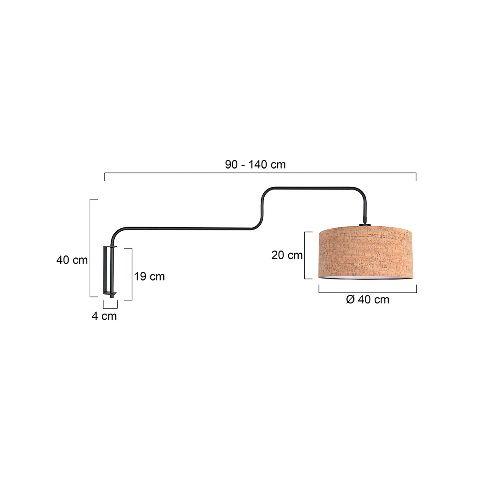 Aplică de perete Bloeba, negru/maro, proiecție 140 cm, plută