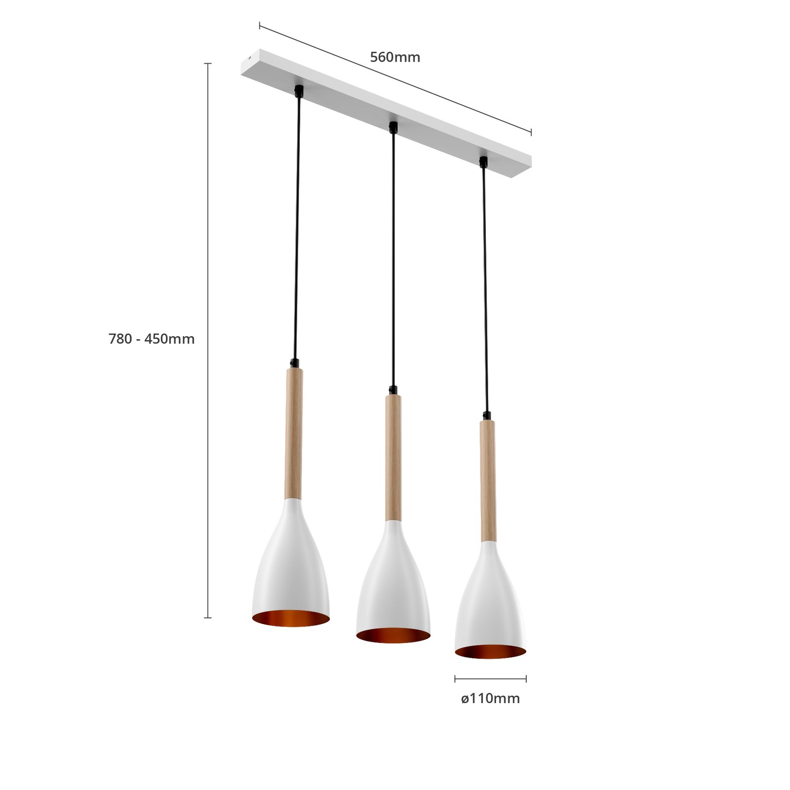 Muza hanglamp, 3-lamps, wit/licht hout