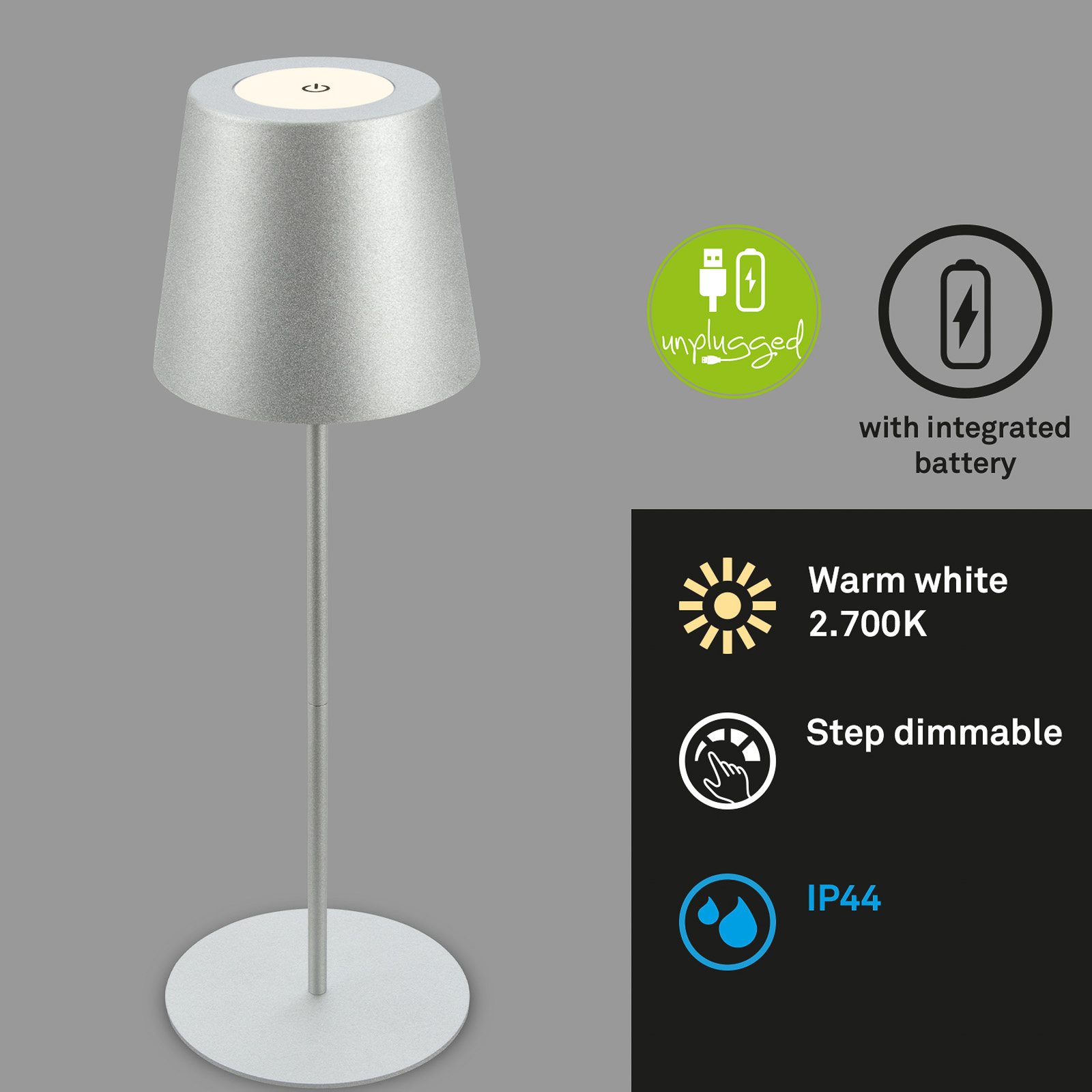 LED dobíjecí stolní lampa 7508014 matný chrom 2 700 K IP44 Touchdim