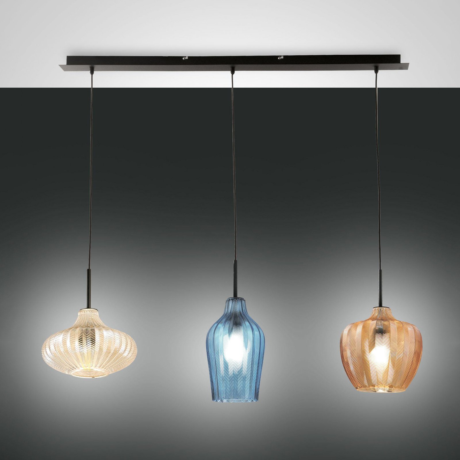 Olbia hanging light, linear, 3-bulb, amber/blue/beige, glass