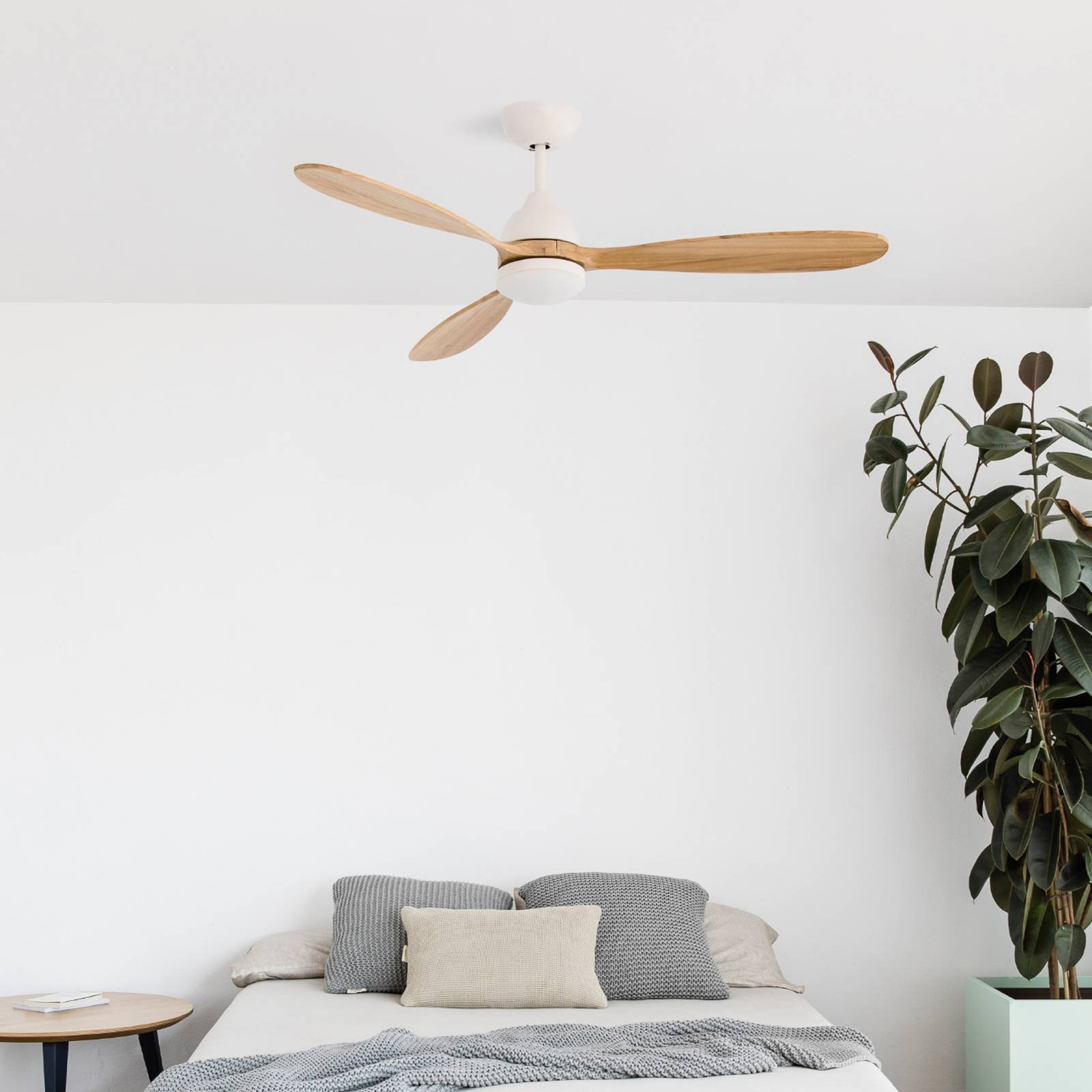 FARO BARCELONA Ventilateur de plafond Poros LED blanc/bois clair