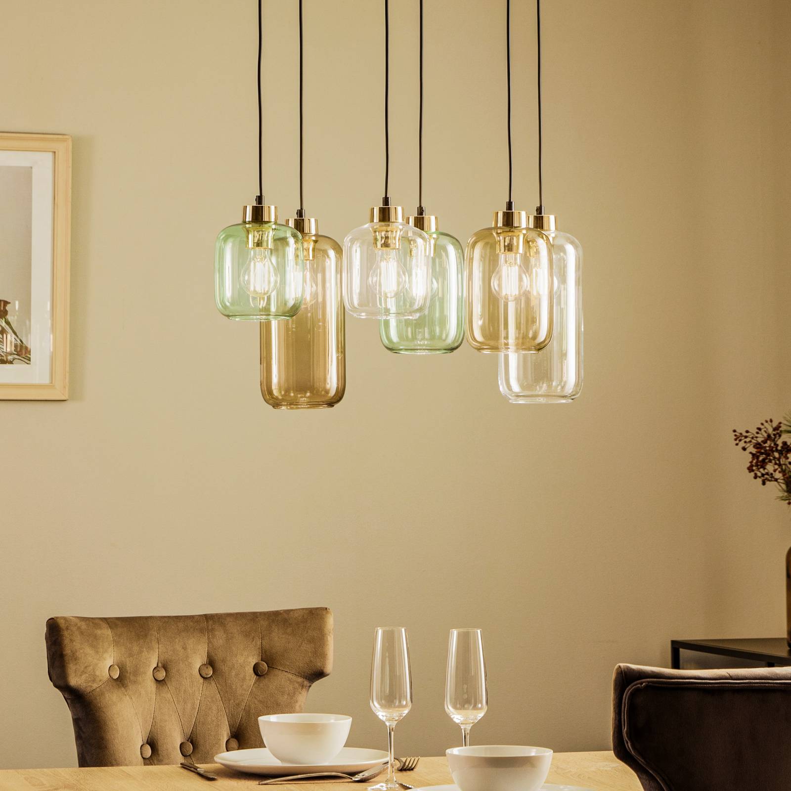 TK Lighting Suspension Marco Green 6 lampes clair/vert/marron