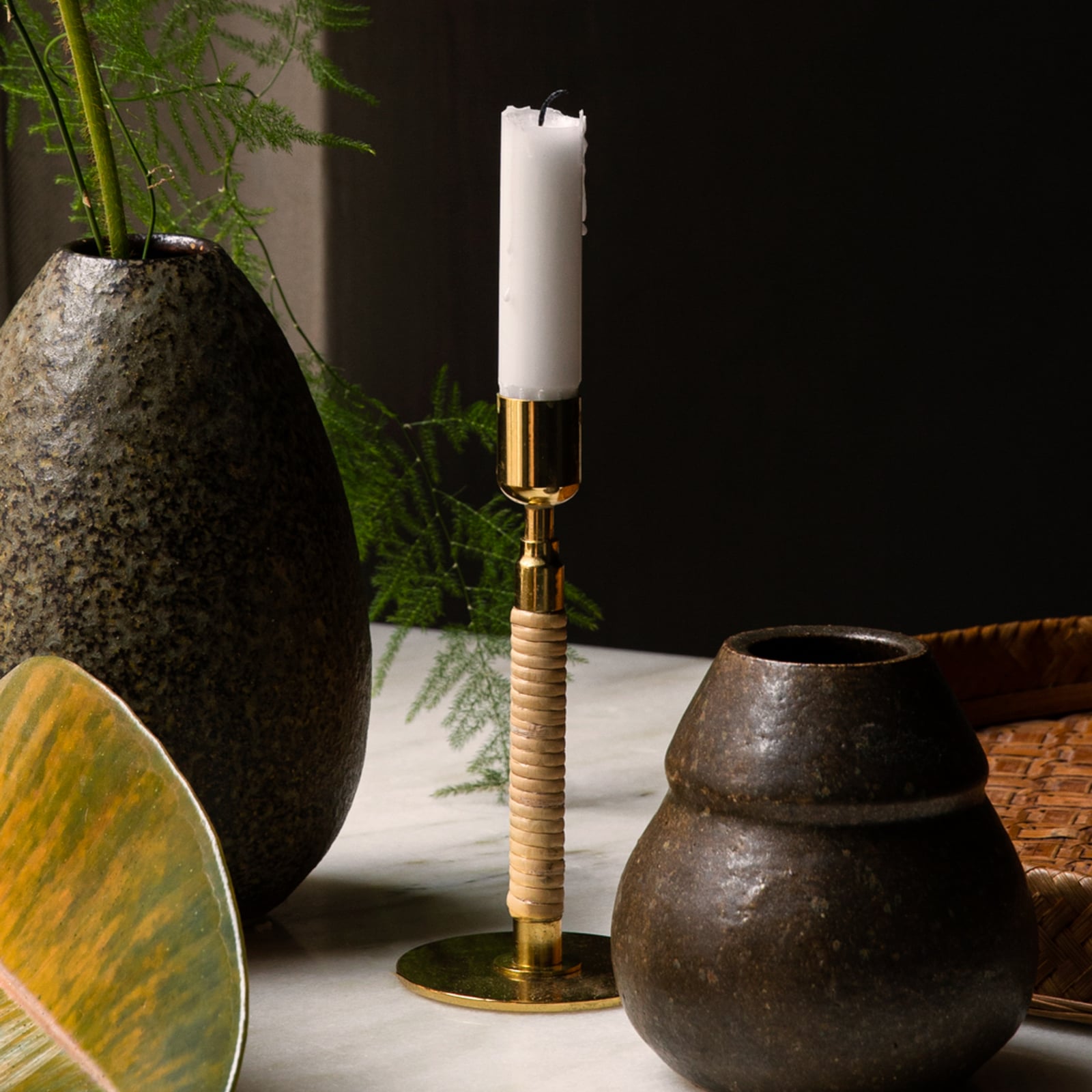 Duca candle holder, brass, height 24 cm, rattan - Audo