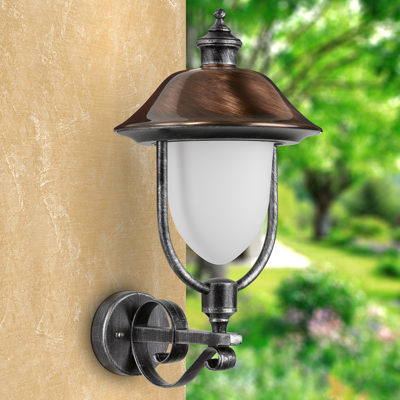 LCD Outdoor wall light Peggy w. copper shade, upright, die-cast aluminium, copper, glass, E27, 100 W, energy efficiency: A++, H: 46 cm