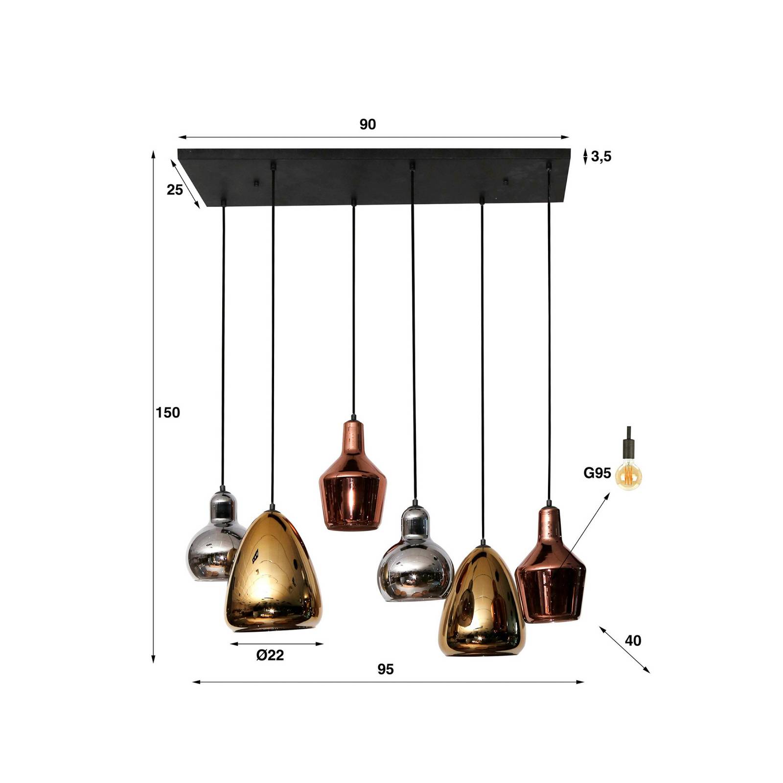 Lampa wisząca Mixtura, 6-punktowa, szkło, metal, wielokolorowa