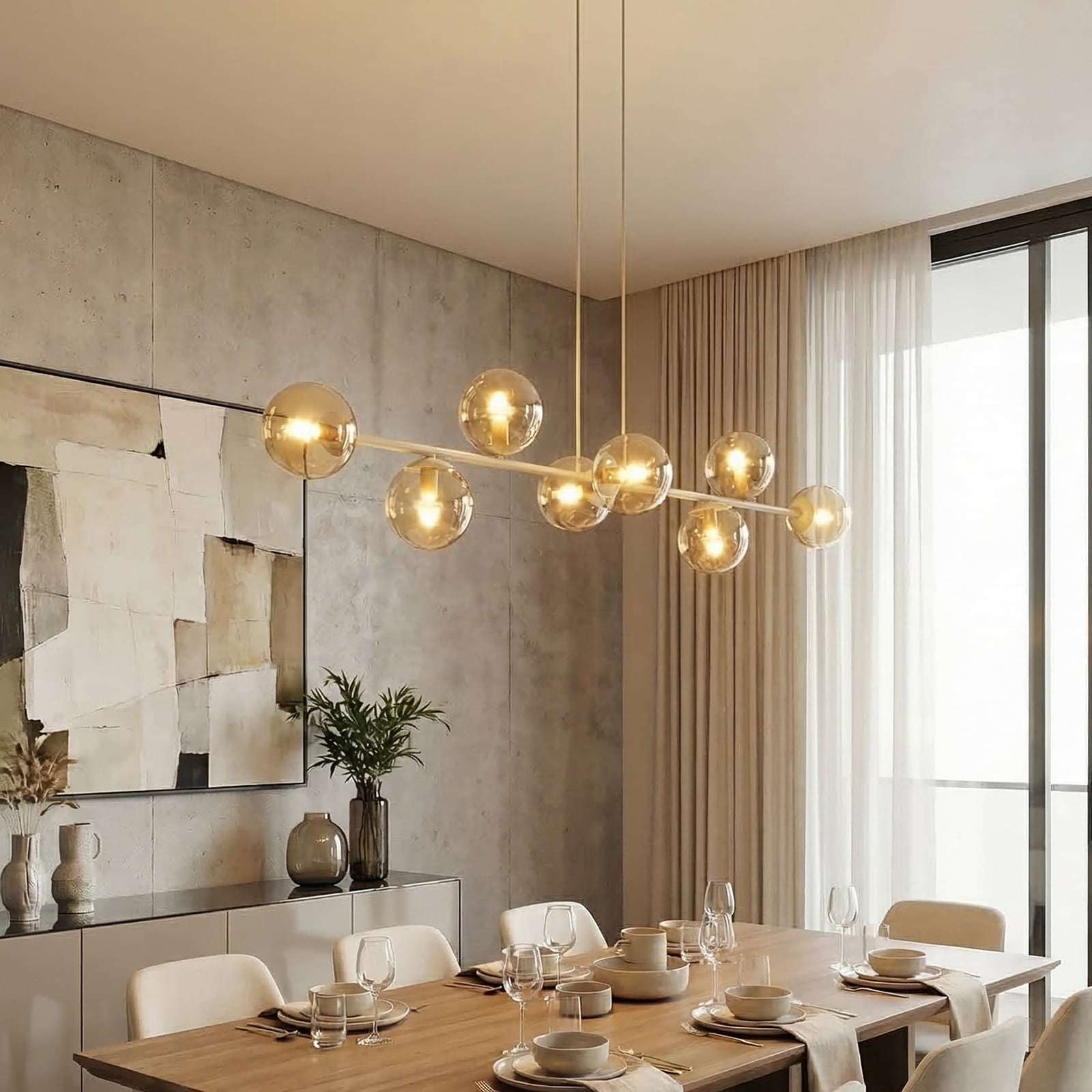 Rossi pendant light, beige, length 130 cm, 8-bulb, glass/metal Rossi pendant light, beige, length 130 cm, 8-bulb, glass/metal