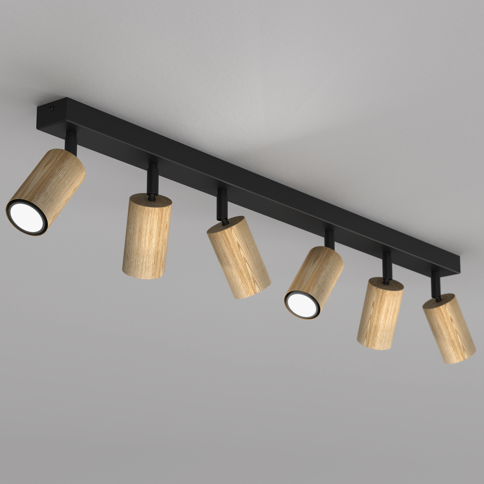 Plafondlamp Nise, 6-lamps, langwerpig, zwart staal, hout