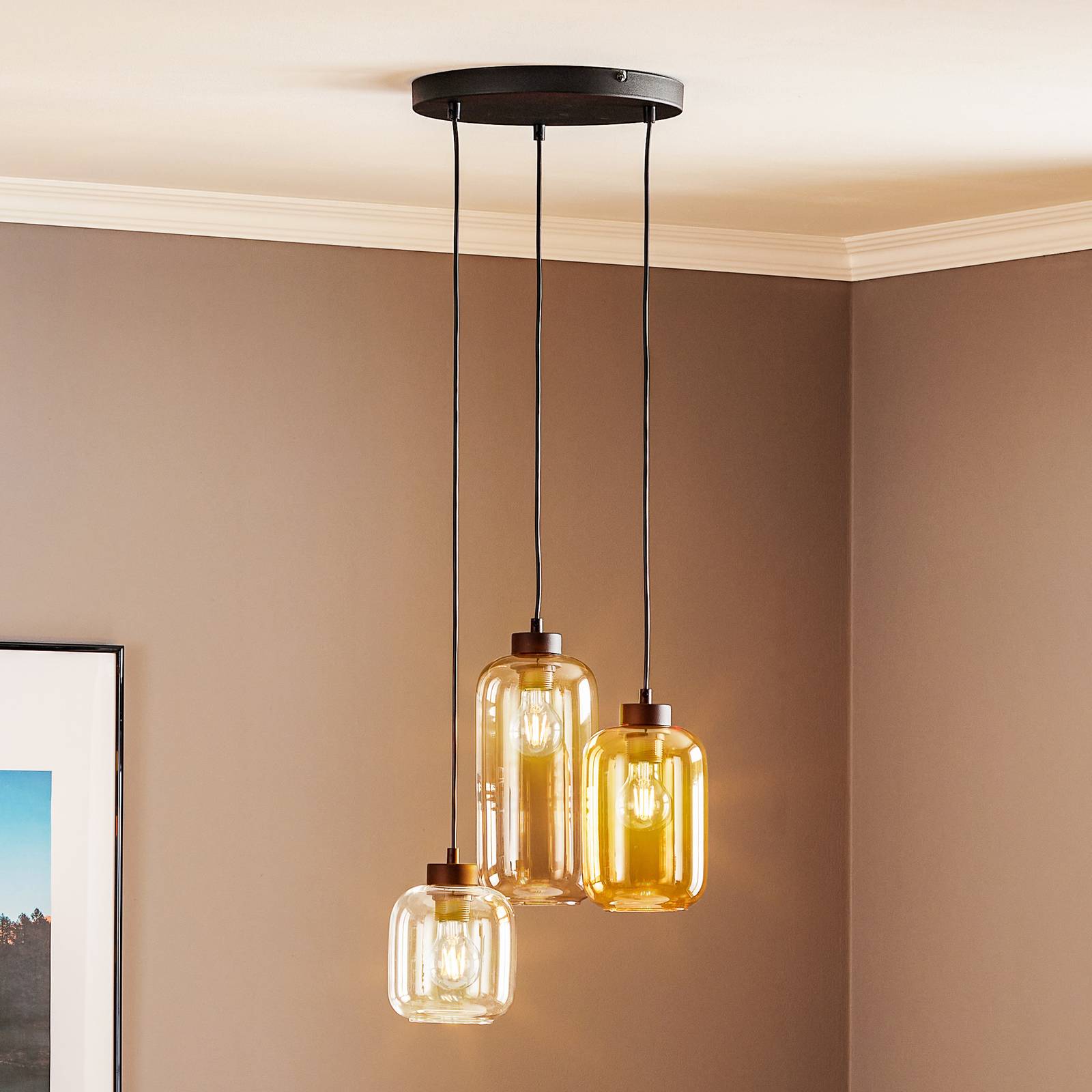 Hänglampa Marco Brown, 3 lampor, klar/brun