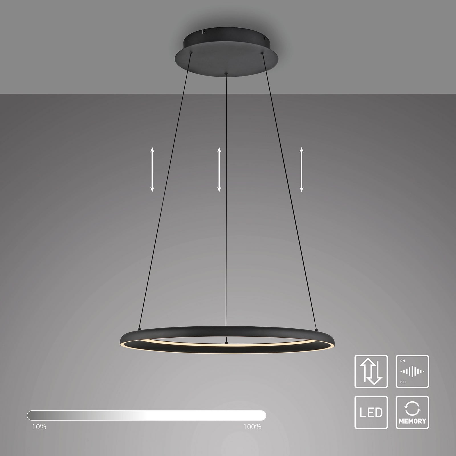 LED viseća svjetiljka QUILLO, crna, Ø 60 cm, metal, s prigušivačem