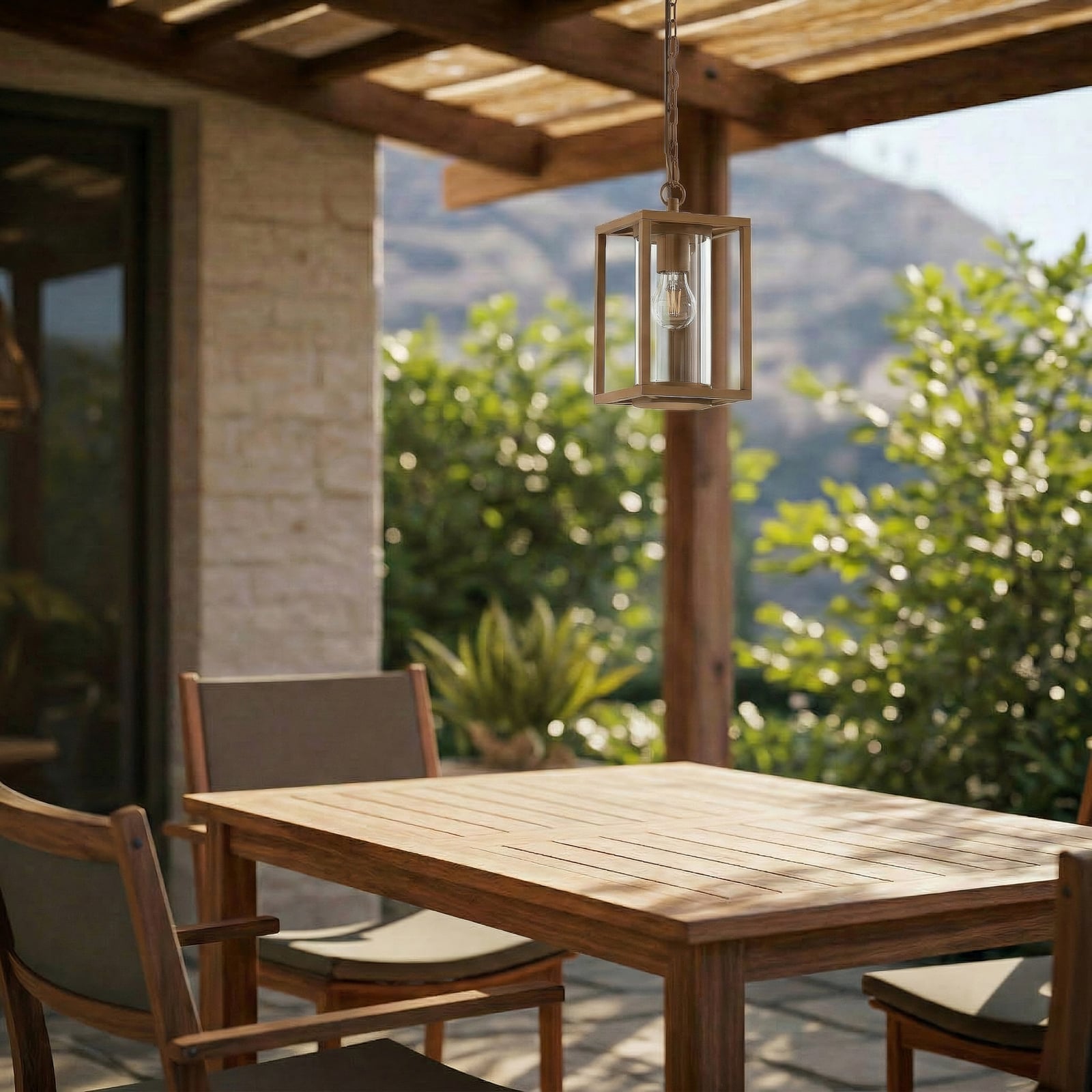 Lucande Vonkajšia závesná lampa Ferda, hnedá, IP44, sklo, E27