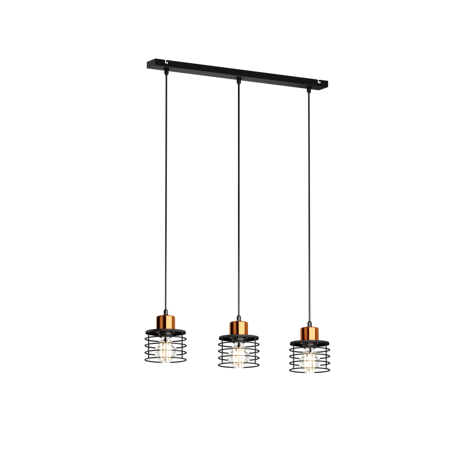 Edison hanging light in black/copper, 3-bulb long