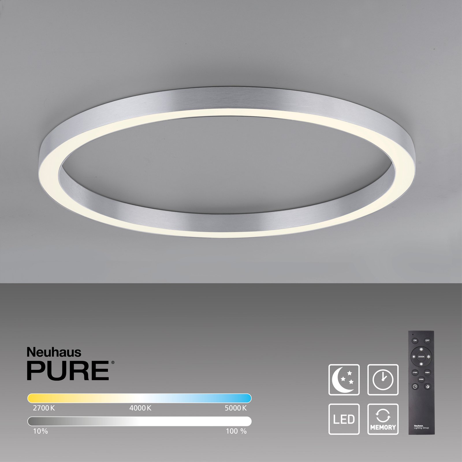 PURE Lines LED mennyezeti lámpa, kerek Ø70cm, ezüst színű