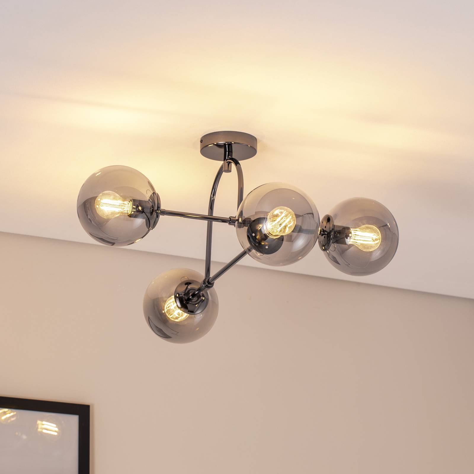 Lucea Plafonnier Portemo, gris fumé/nickel, 83x74 cm, à 4 lampes. verre