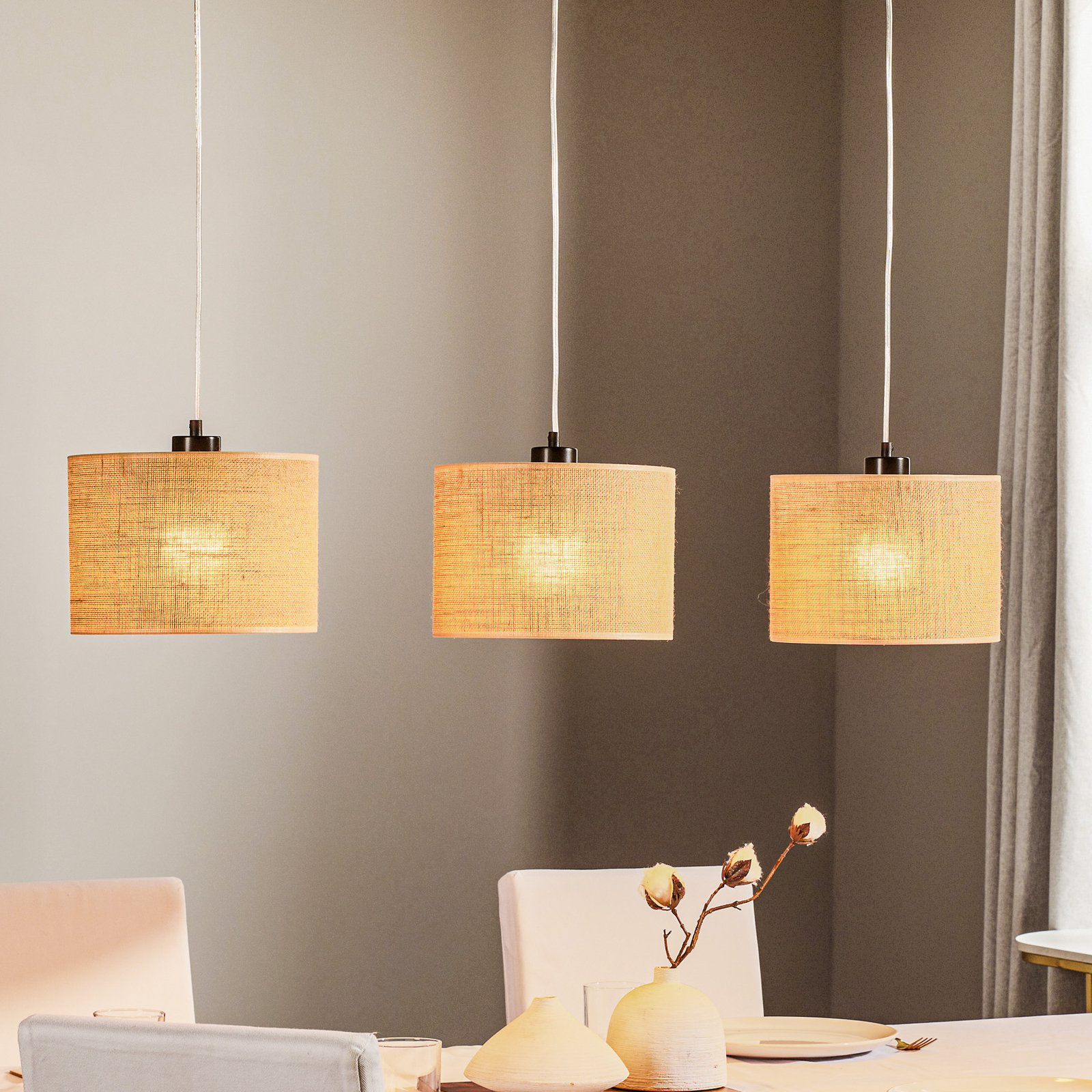 Jute hanging light with three fabric lampshades