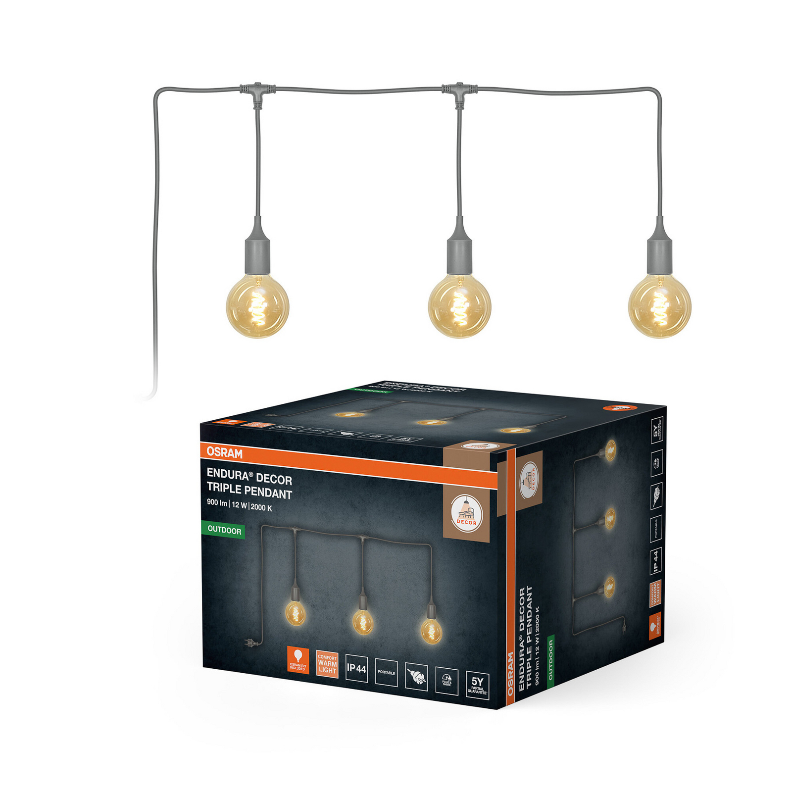 OSRAM ljusslinga ENDURA DECOR, grå, 7 m, 3 lampor, IP44 OSRAM ljusslinga ENDURA DECOR, grå, 7 m, 3 lampor, IP44