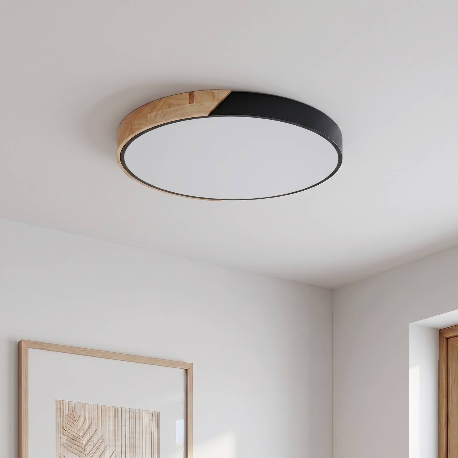 Lampa sufitowa LED PRIOS Lynorri, Ø 52 cm, czarna, wykończenie drewniane