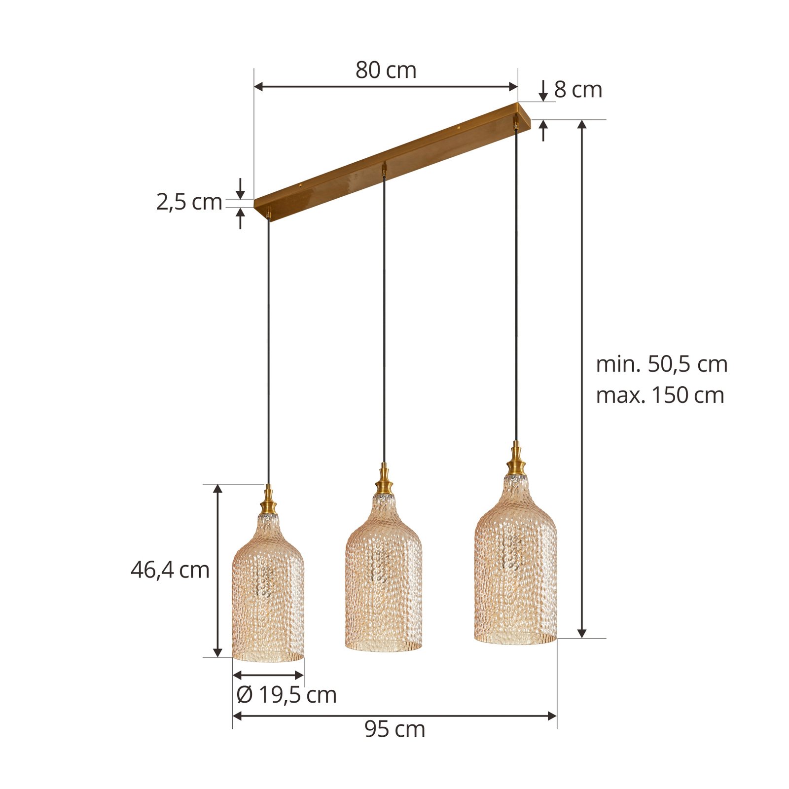 Lindby Drakar suspension, 3 lampes, ambre, Ø 19,5cm