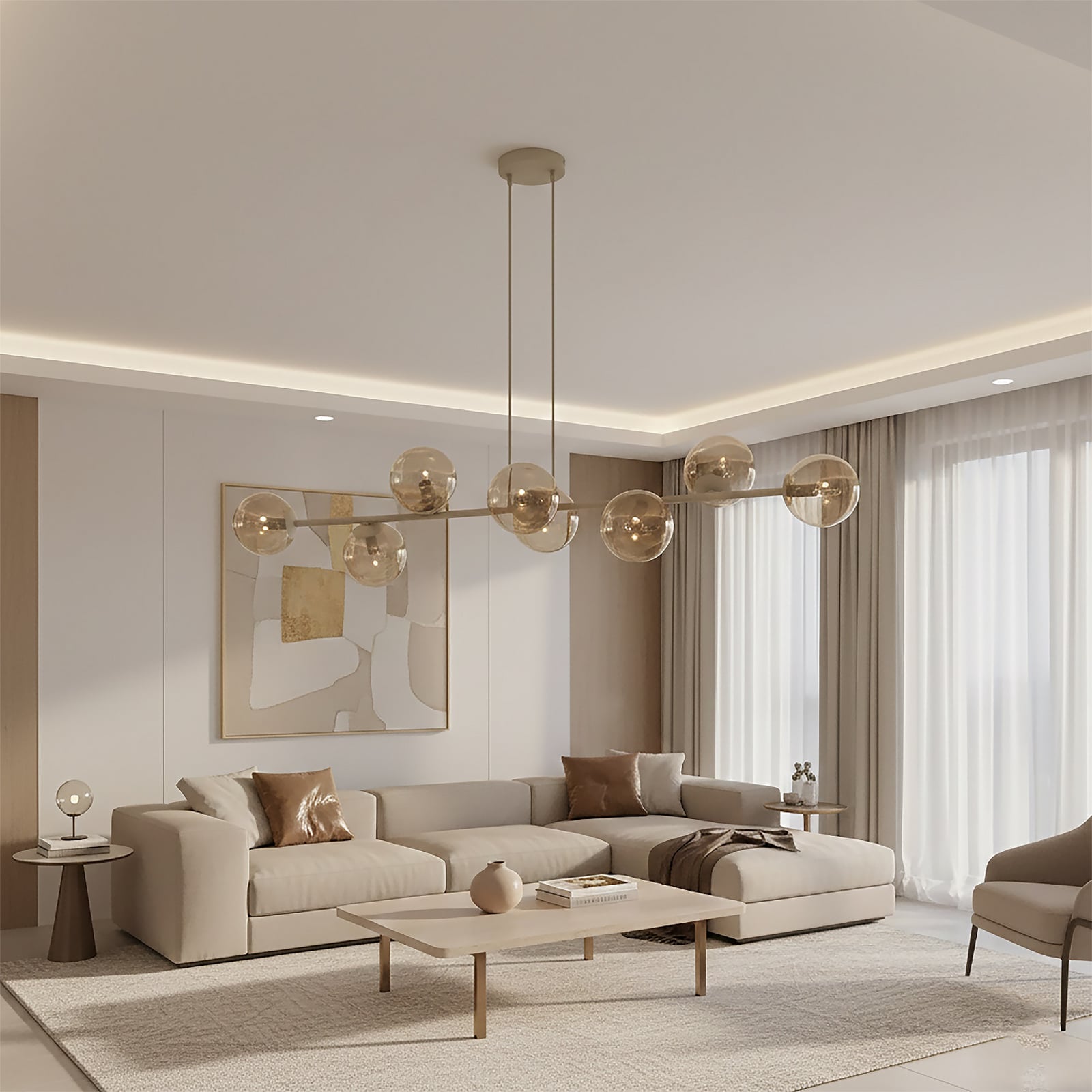Rossi pendant light, beige, length 130 cm, 8-bulb, glass/metal Rossi pendant light, beige, length 130 cm, 8-bulb, glass/metal