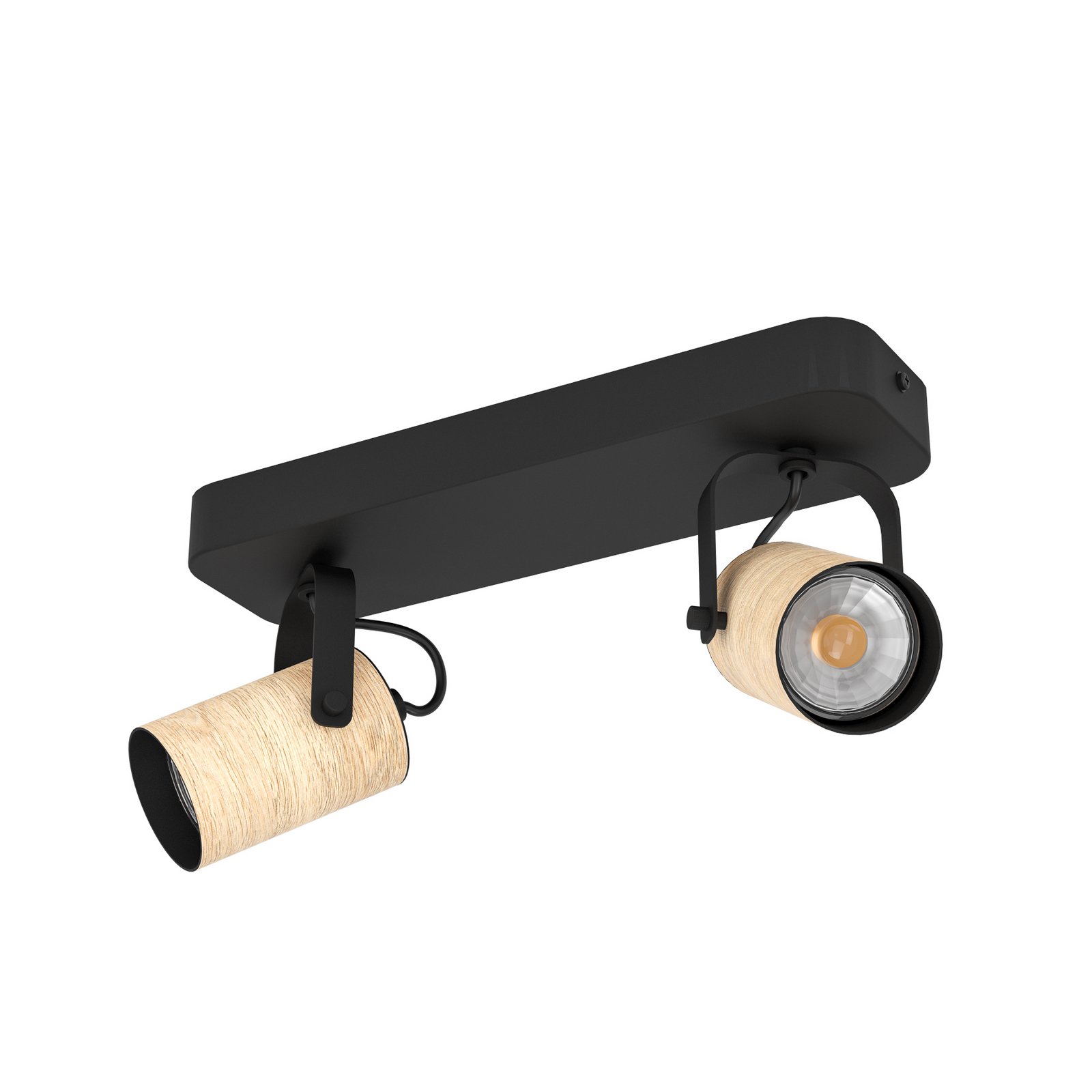 Projetor de teto Cayuca, decoração em preto/madeira, duas lâmpadas