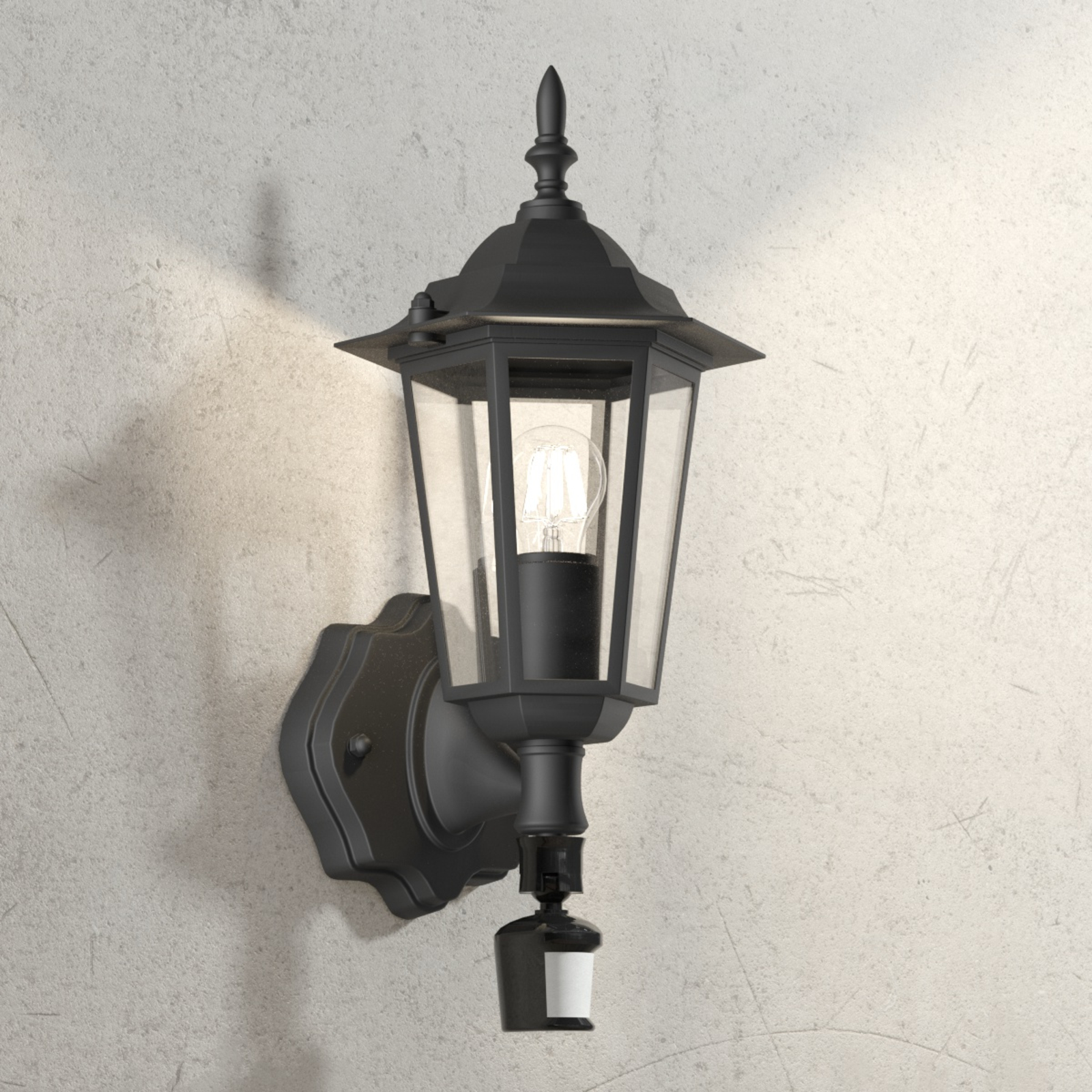 EGLO Laterna 4 outdoor wall lamp black, with sensor, die-cast aluminium, glass, E27, 60 W, energy efficiency: A++, W: 16.5 cm, H: 36 cm