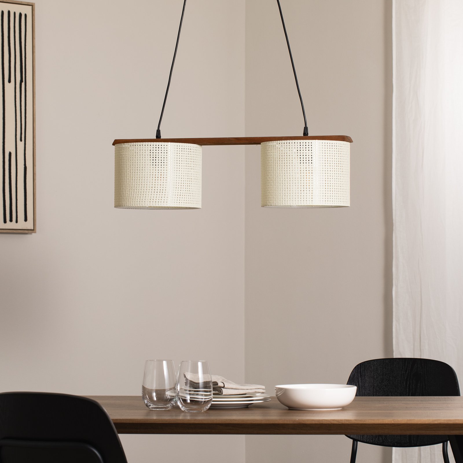 Suspension Zigana, blanc à motifs, à 2 lampes, tissu, bois Suspension Zigana, blanc à motifs, à 2 lampes, tissu, bois