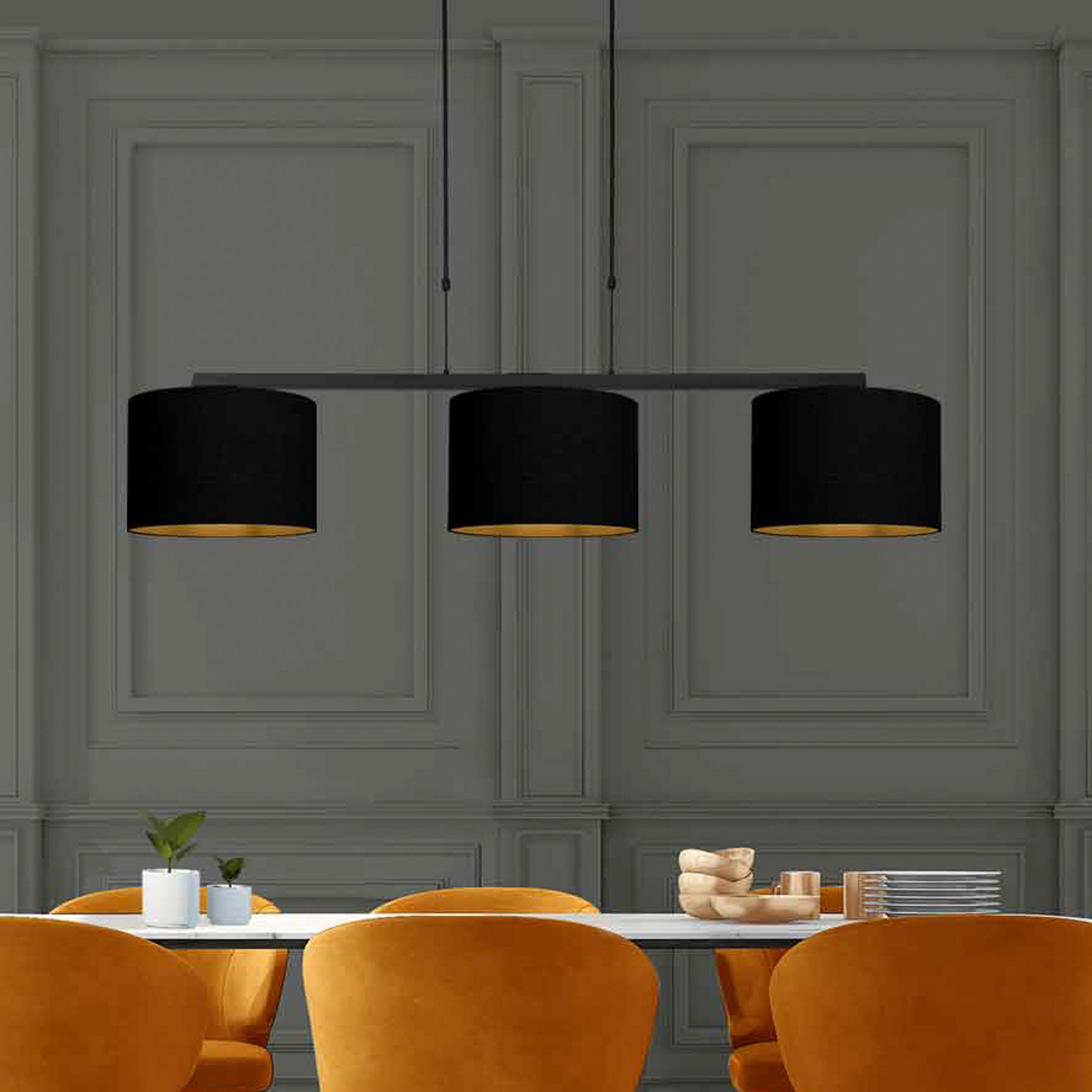 Lampada a sospensione Stang, nero/nero-oro, lunghezza 140 cm, a 3 luci.