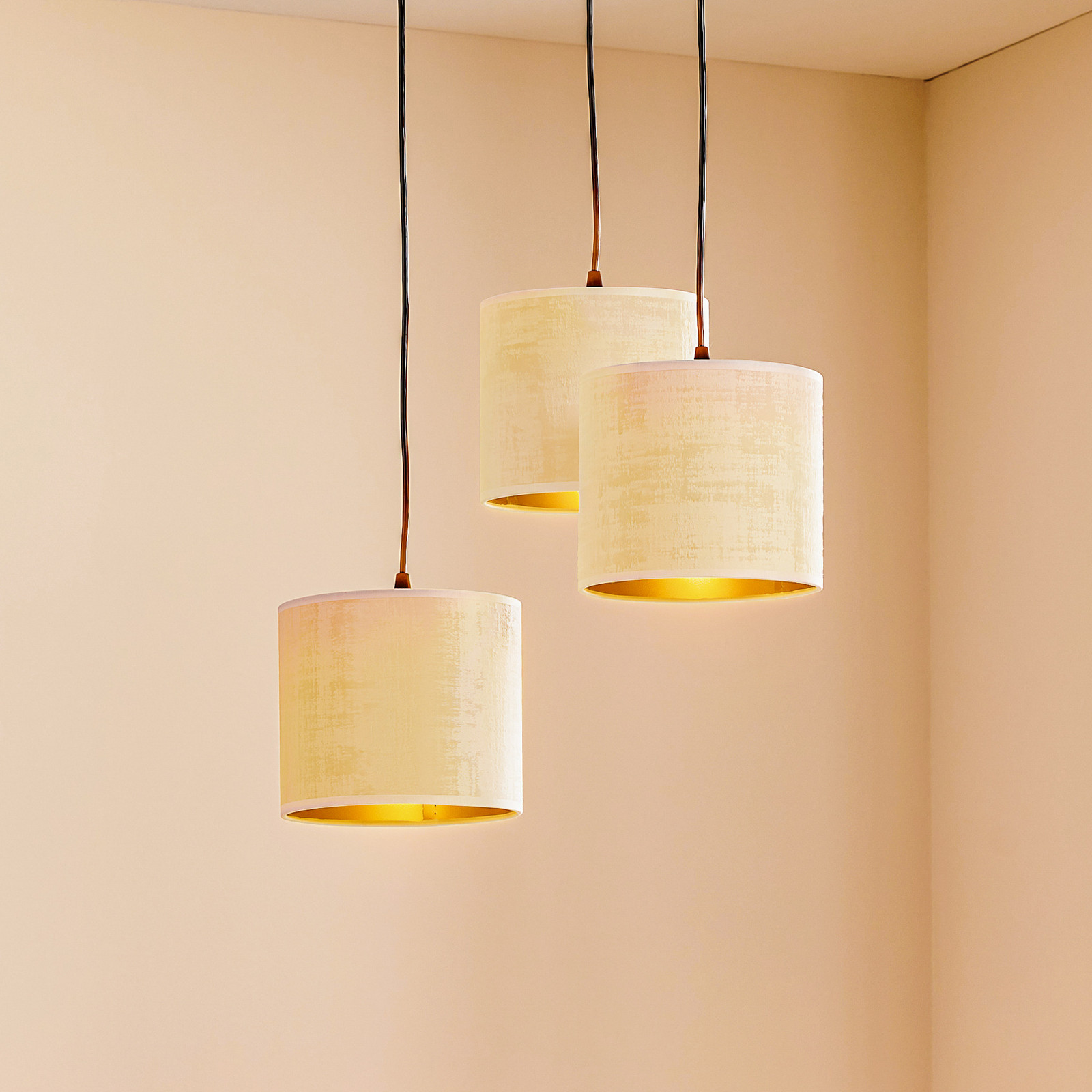 EMIBIG LIGHTING Lampă suspendată Jari cu abajur din pânză 3 becuri rotundă alb-auriu - Camera de zi / sufragerie - alb auriu negru - Țesătură / Textil