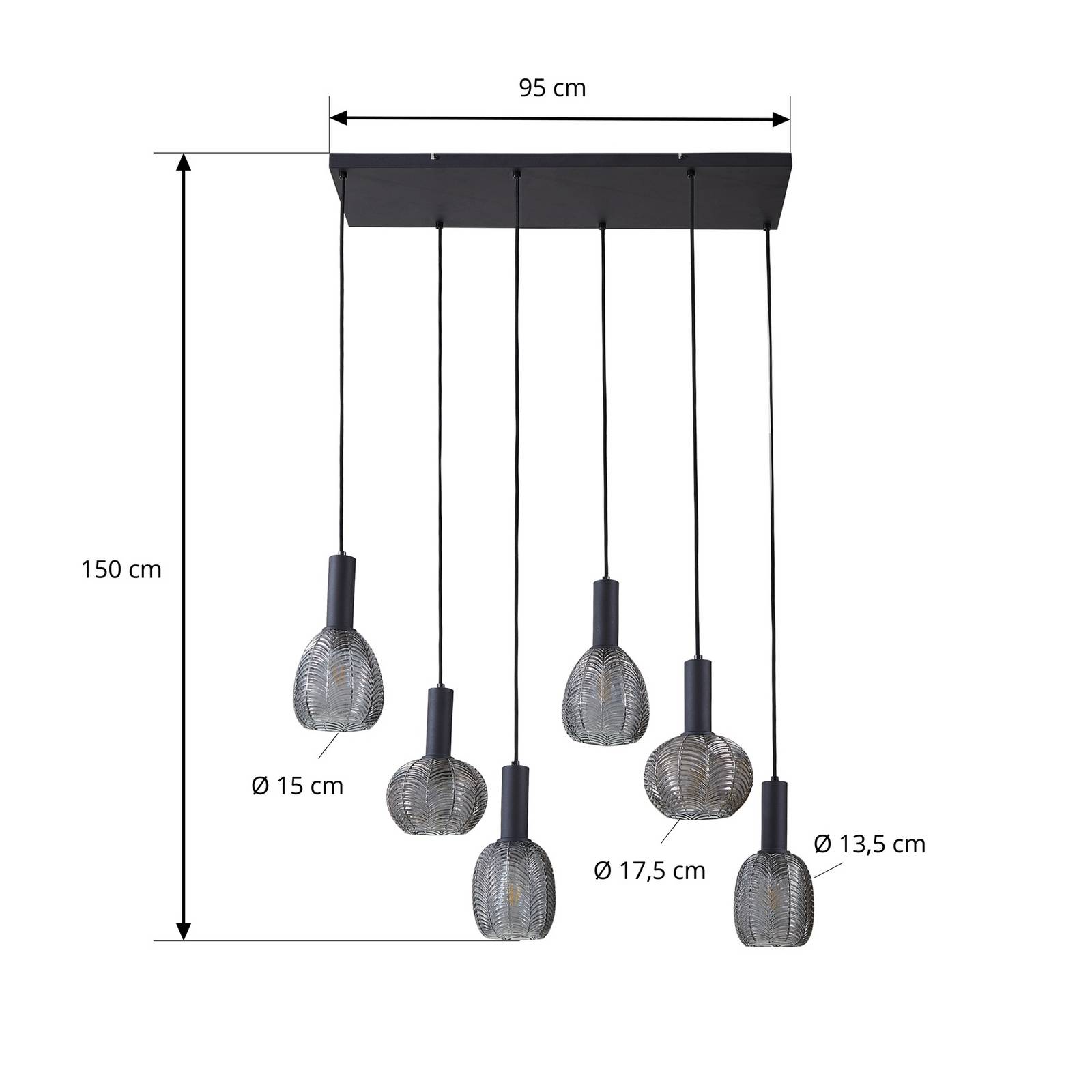 Lampa wisząca Lindby Tolli, szary/czarny, szkło, 6-punktowa