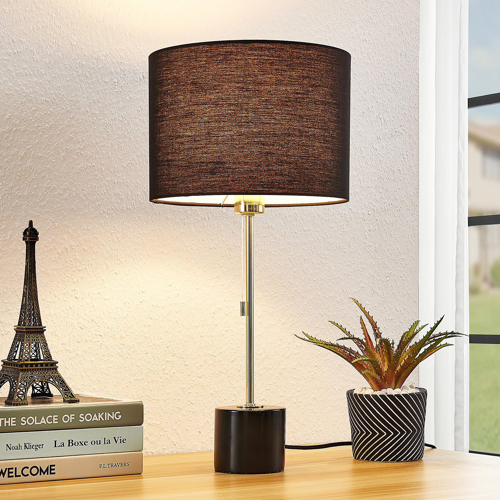 Lindby Josias fabric table lamp in black, for Living / Dining Room, fabric, marble, metal, E27, 60 W, energy efficiency: A++, H: 58 cm