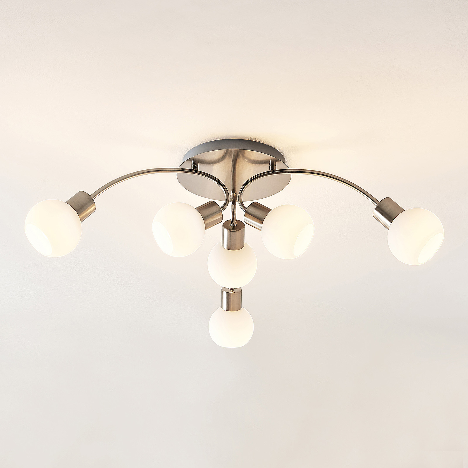 Lindby Tancerdi LED ceiling light in nickel, for Living / Dining Room, iron, glass, E14, 4 W, energy efficiency: A+, H: 24 cm
