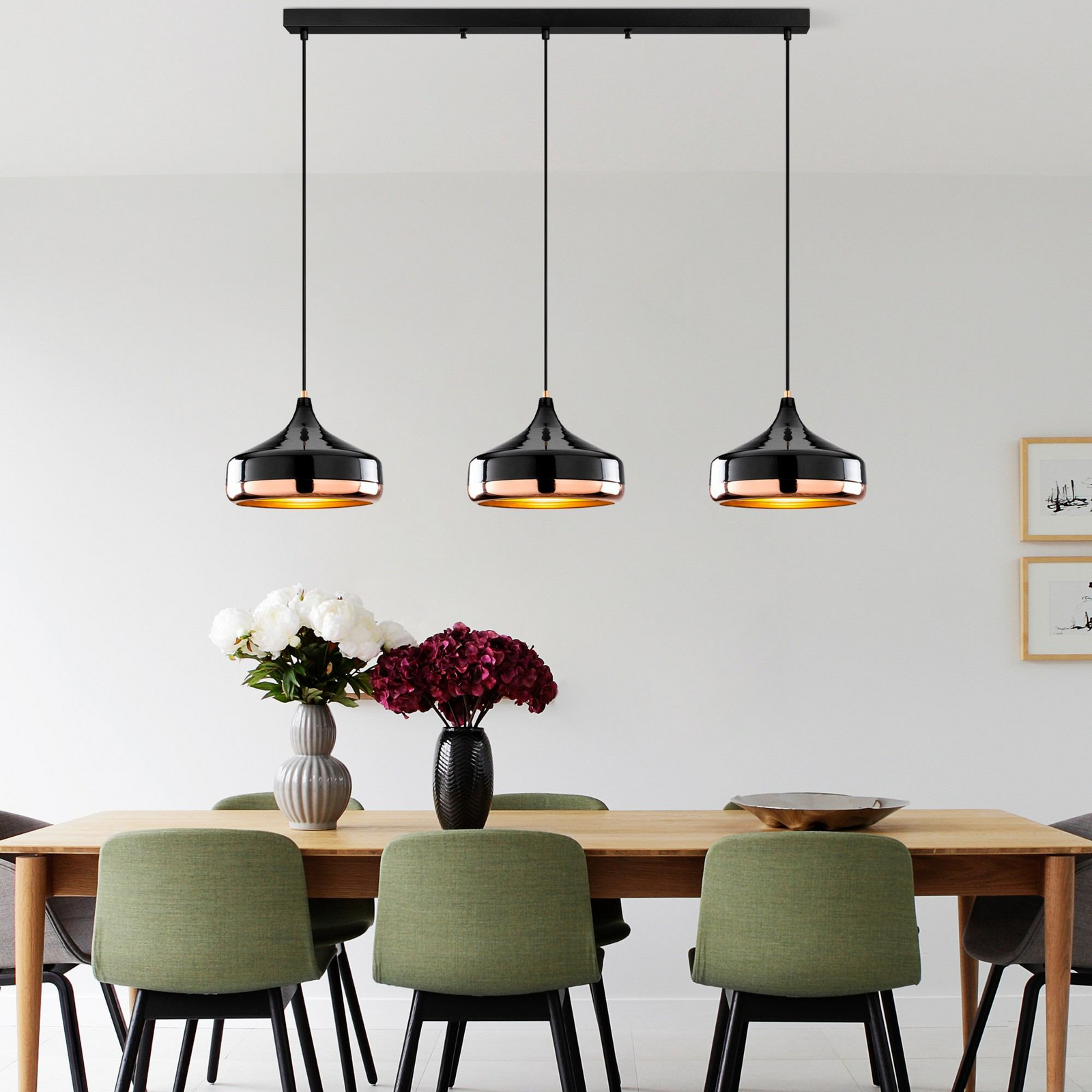 Yildo pendant light, length 146 cm, black/copper, 3-bulb