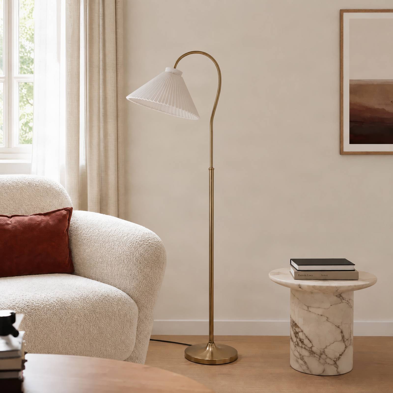 Lucande vloerlamp Lisbeth, hoogte 162 cm, wit/messing, E27